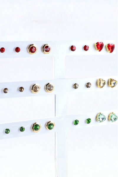 12 Pares Aretes Corazon Cristal ROJO