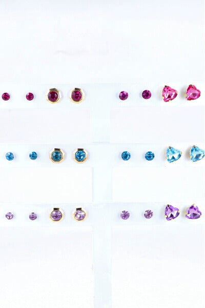12 Pares Aretes Corazon Cristal ROSA