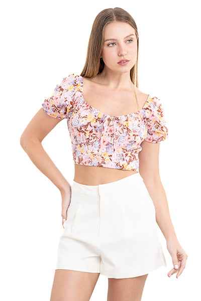 Top crop manga corta flores