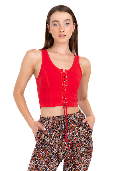 Top cuello redondo lace up ROJO