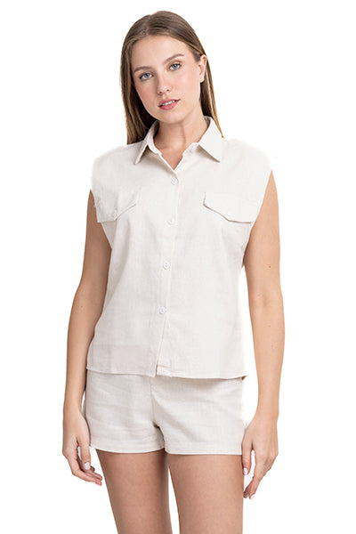 Blusa cuello solapa bolsillos HUESO