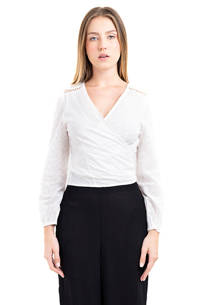 Blusa cruzada manga eyelat BLANCO