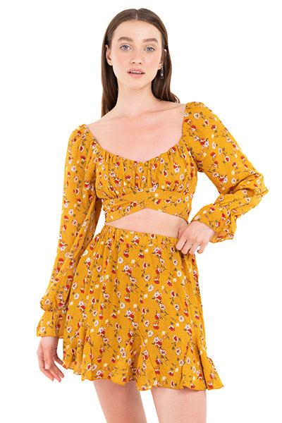 Top manga larga manga abullonada flores MOSTAZA COMBO
