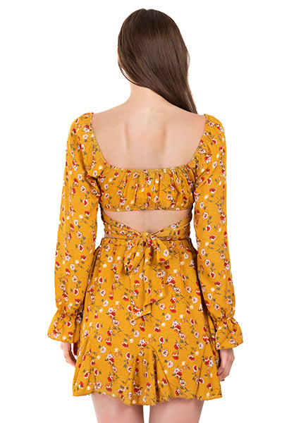 Top manga larga manga abullonada flores MOSTAZA COMBO