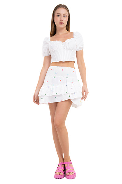 Falda mini fruncida flores BLANCO COMBO