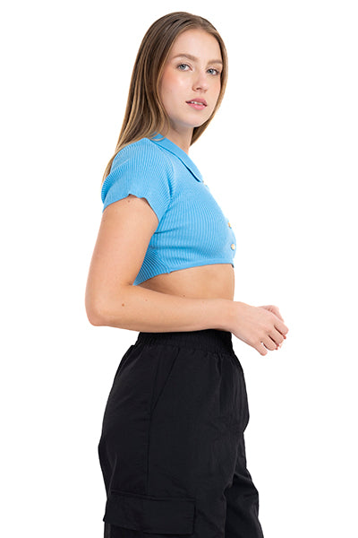 Top Crop Tejido Cuello Polo AZUL BRILLANTE