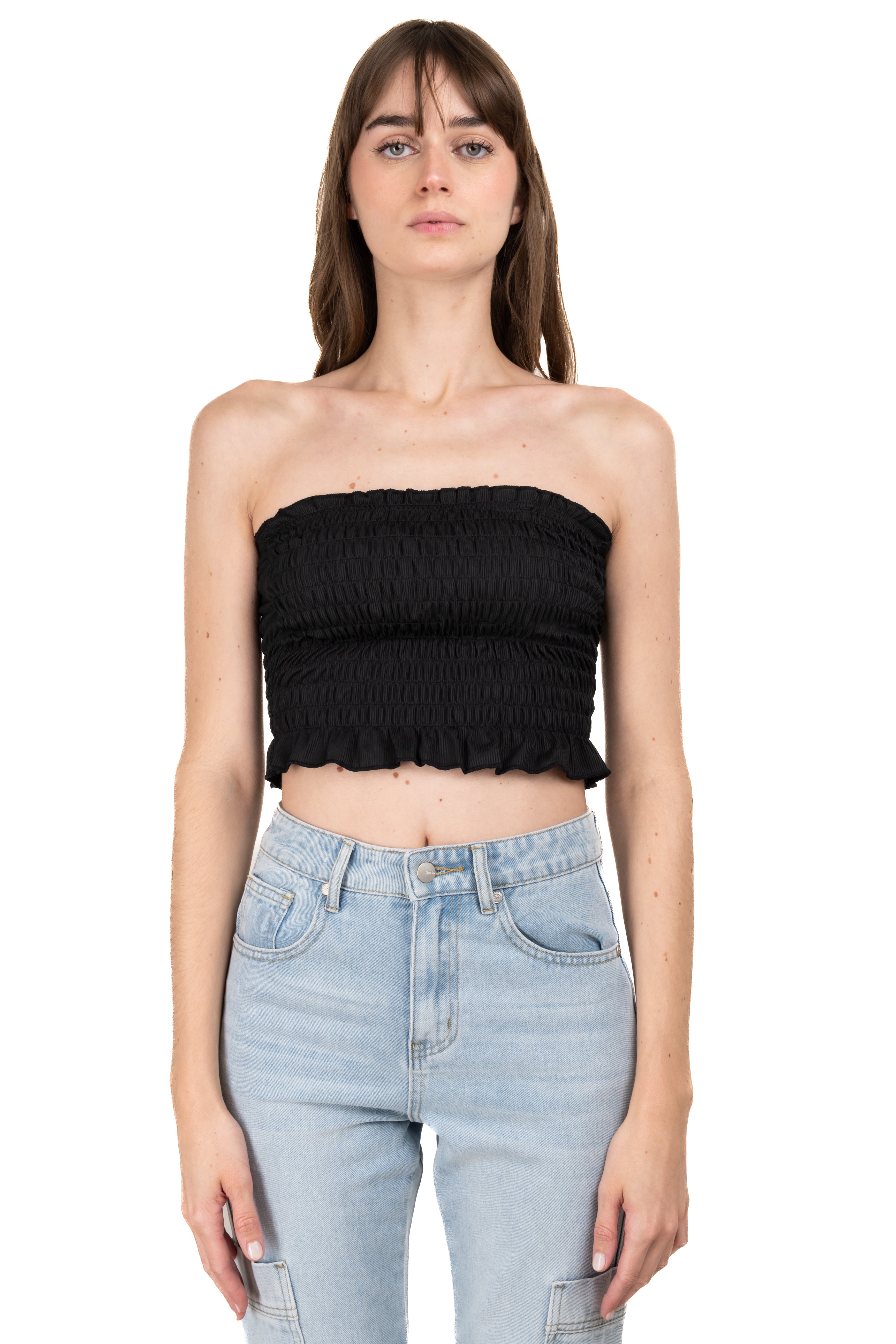 Top crop fruncido tirantes NEGRO