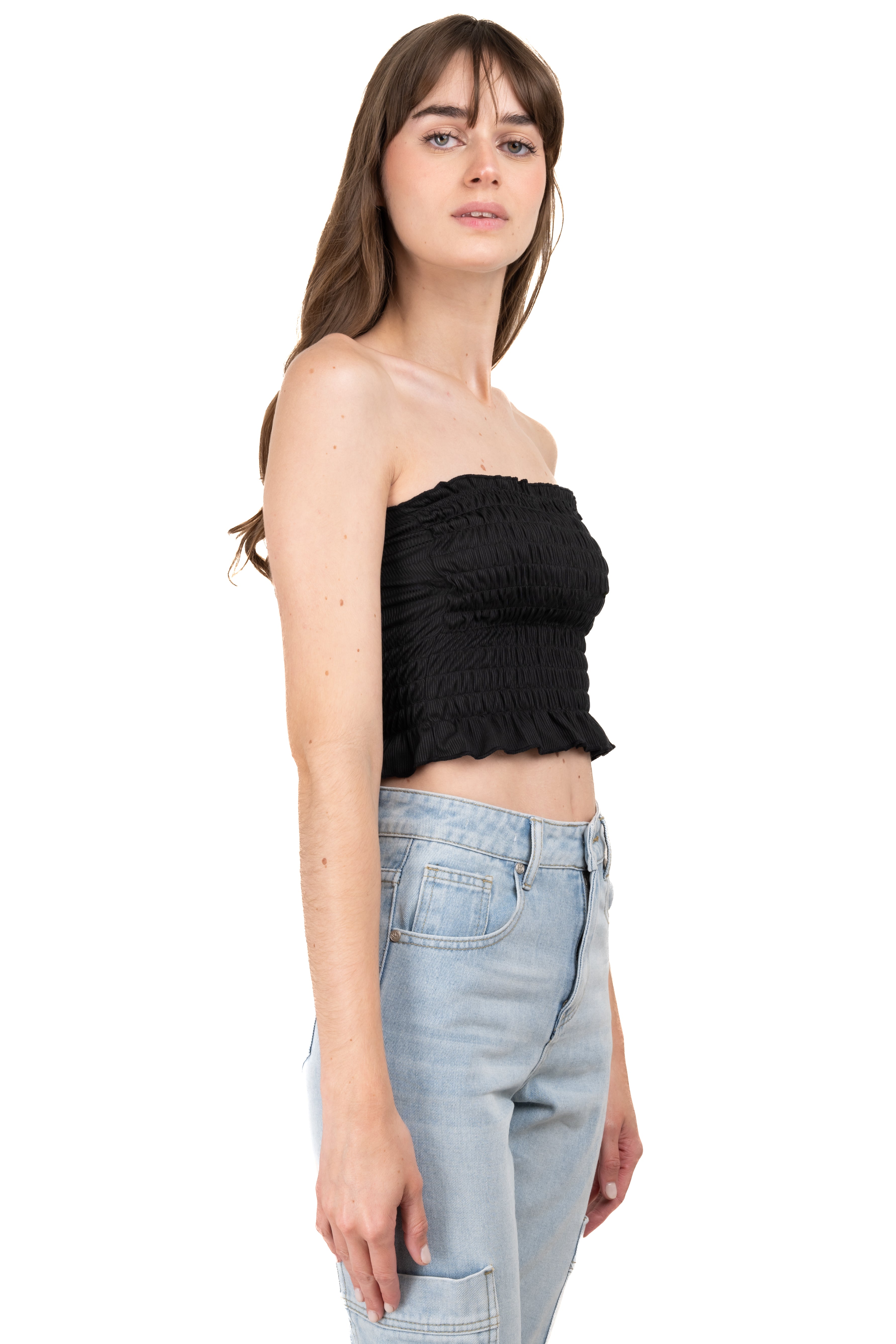 Top crop fruncido tirantes NEGRO