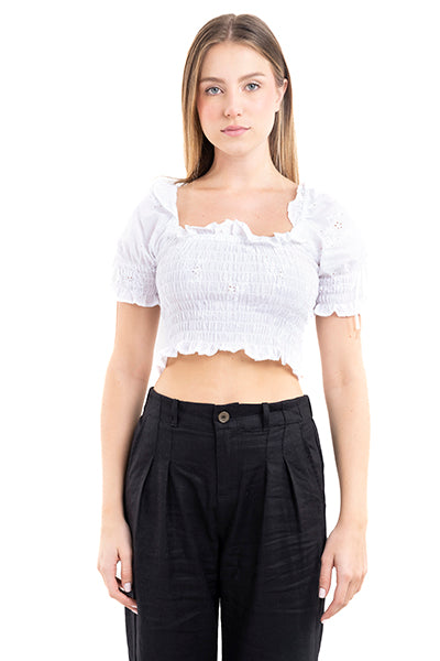 Blusa crop tejido smock eyelat BLANCO