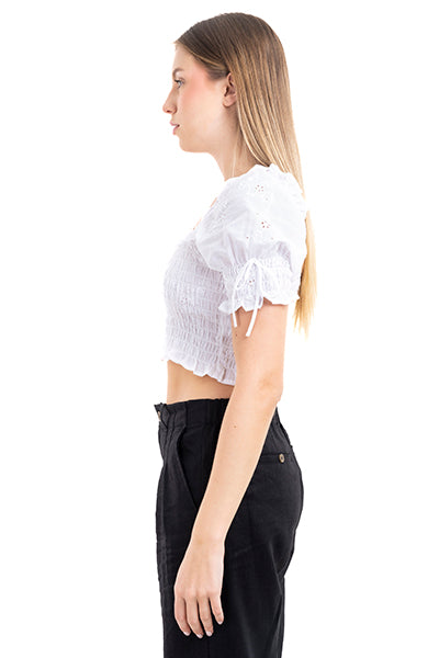 Blusa crop tejido smock eyelat BLANCO