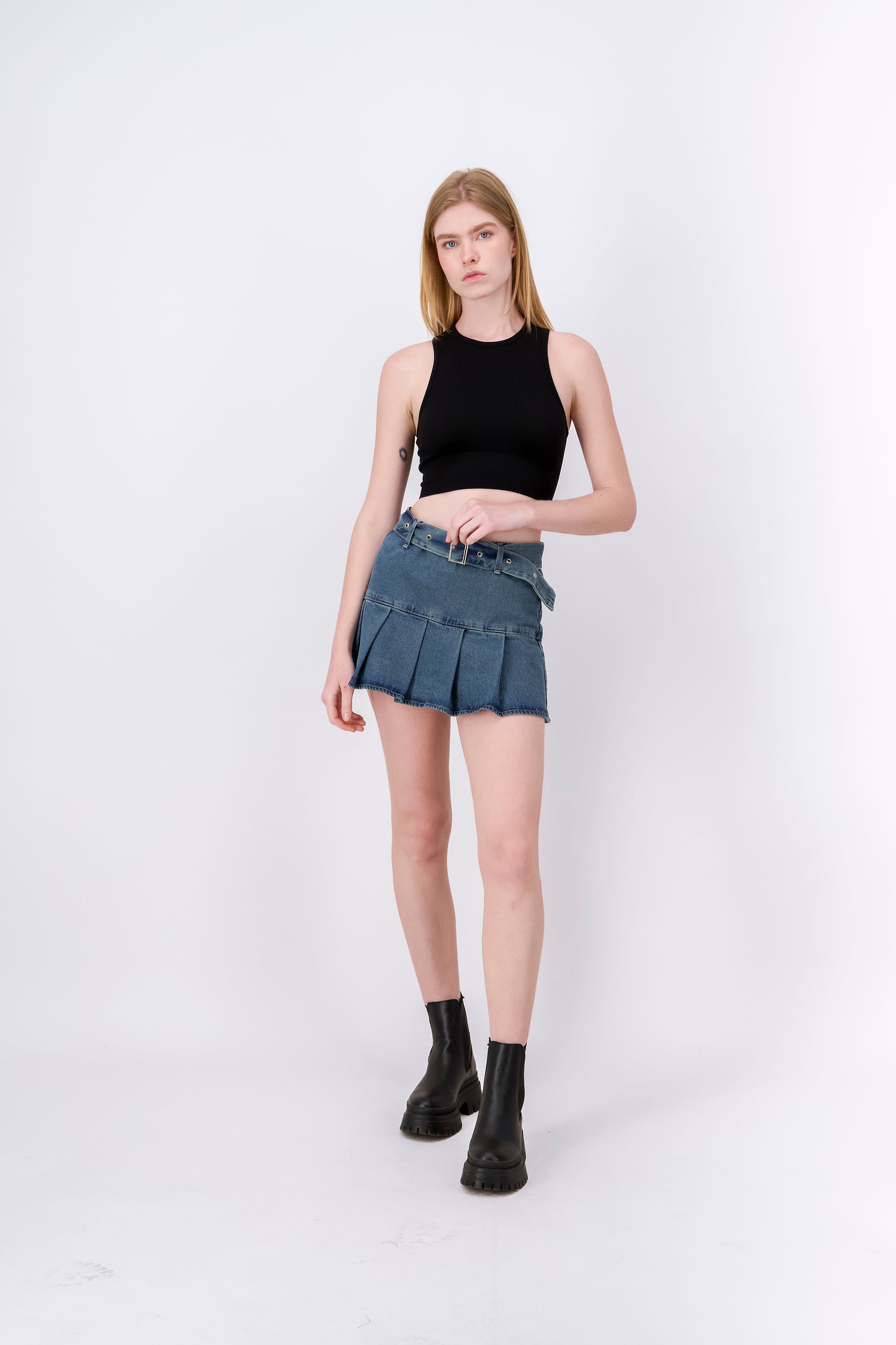 Falda Mini Denim Tableada VERDE