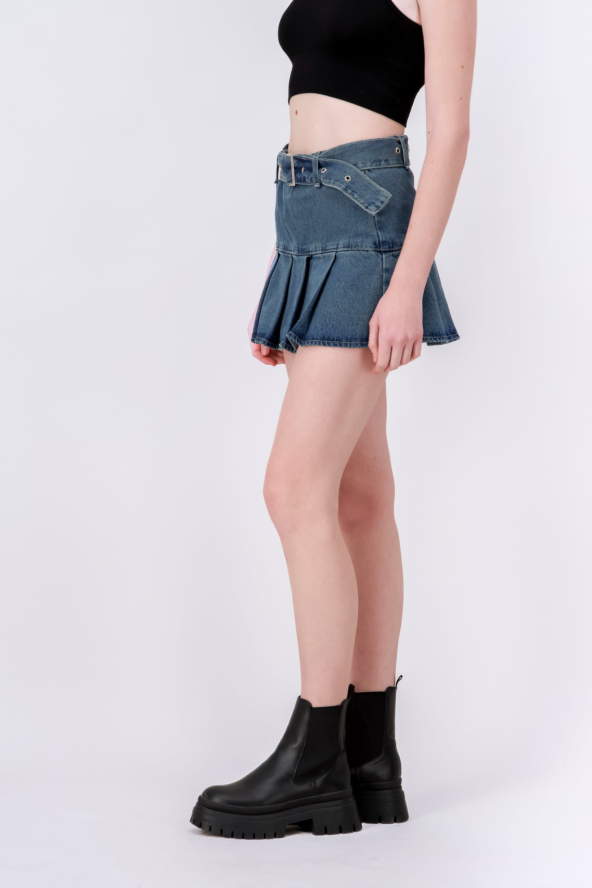 Falda Mini Denim Tableada VERDE