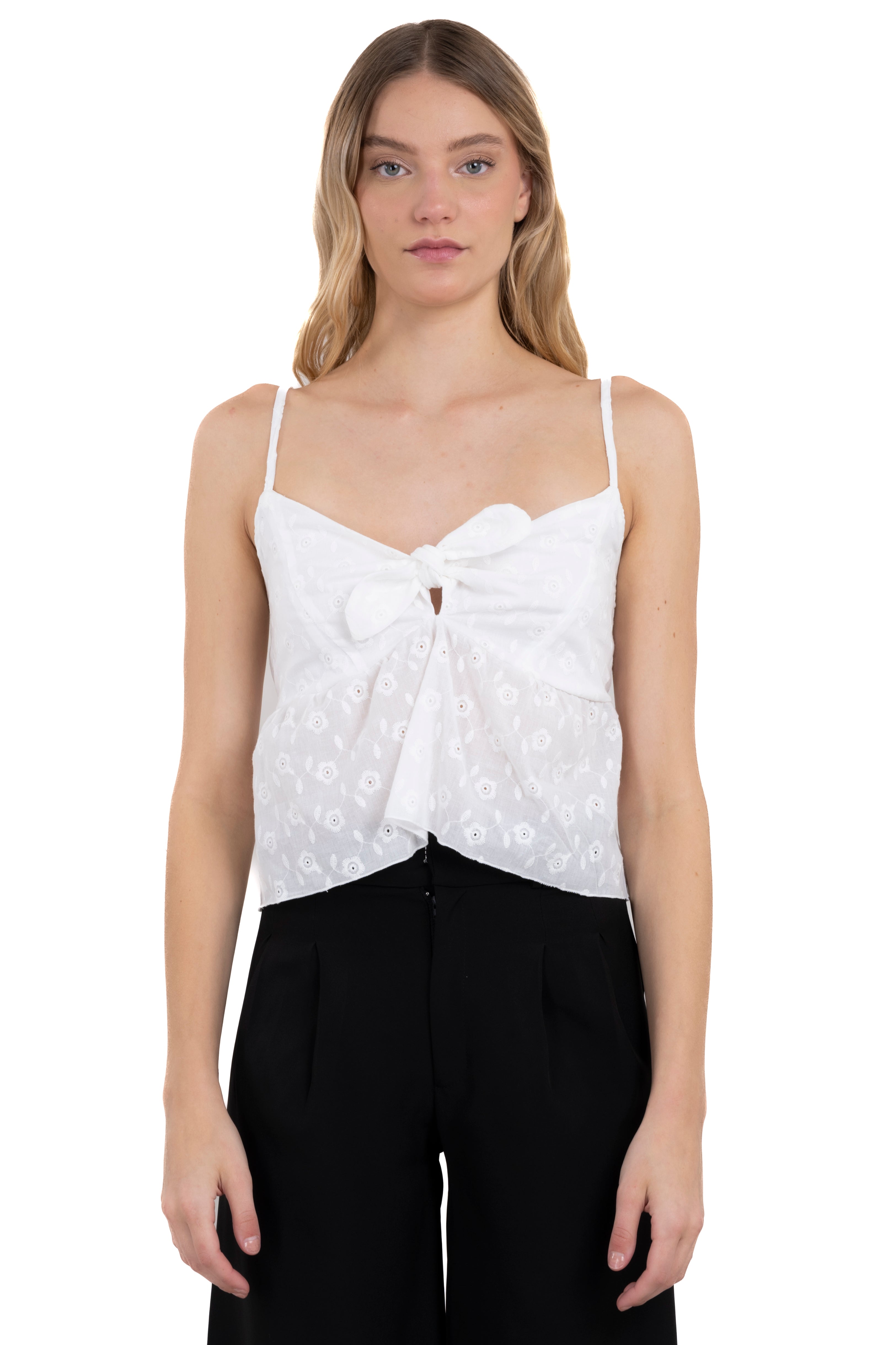 Top moño escote tejido eyelat BLANCO