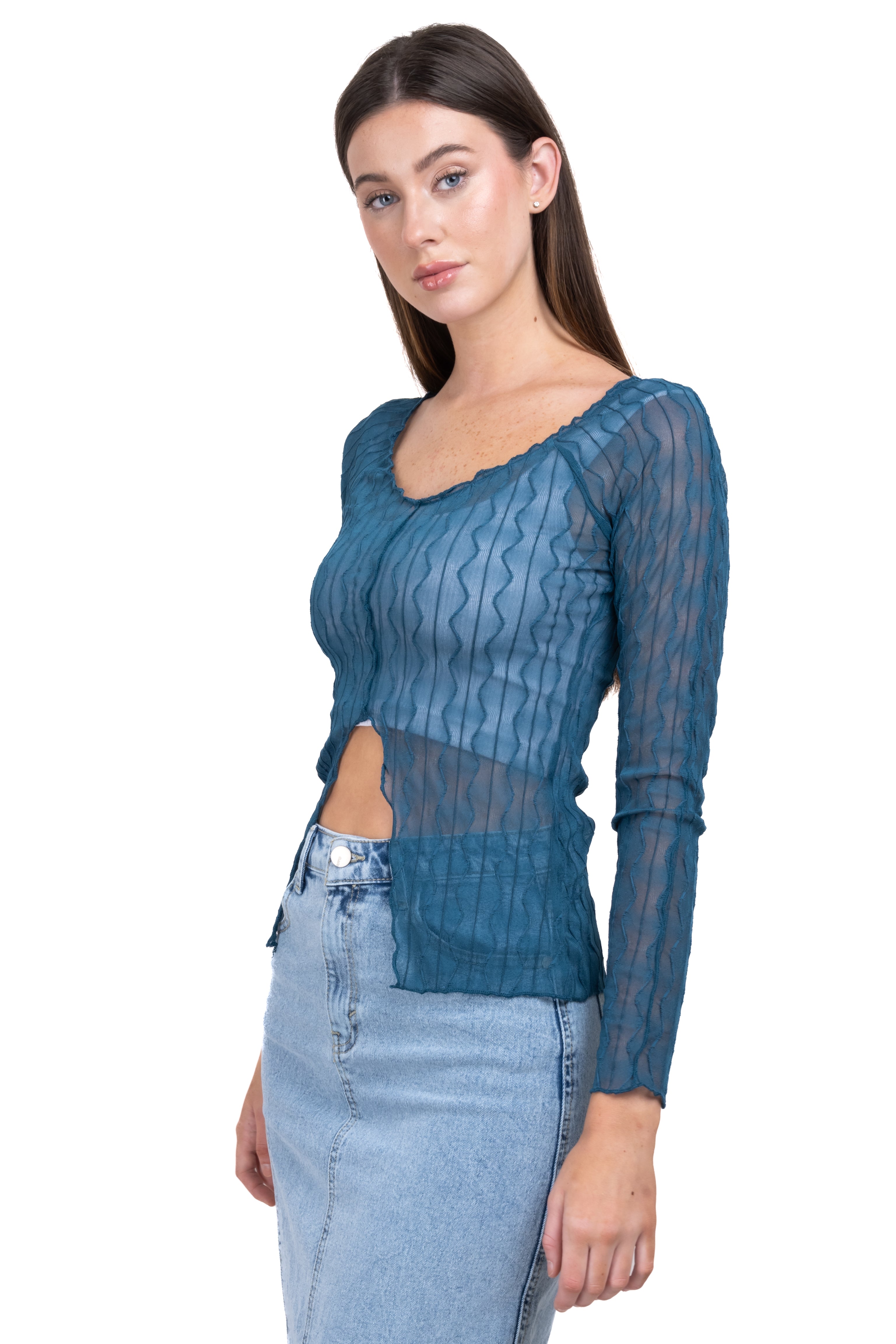 Top mesh abertura costuras zigzag AZUL