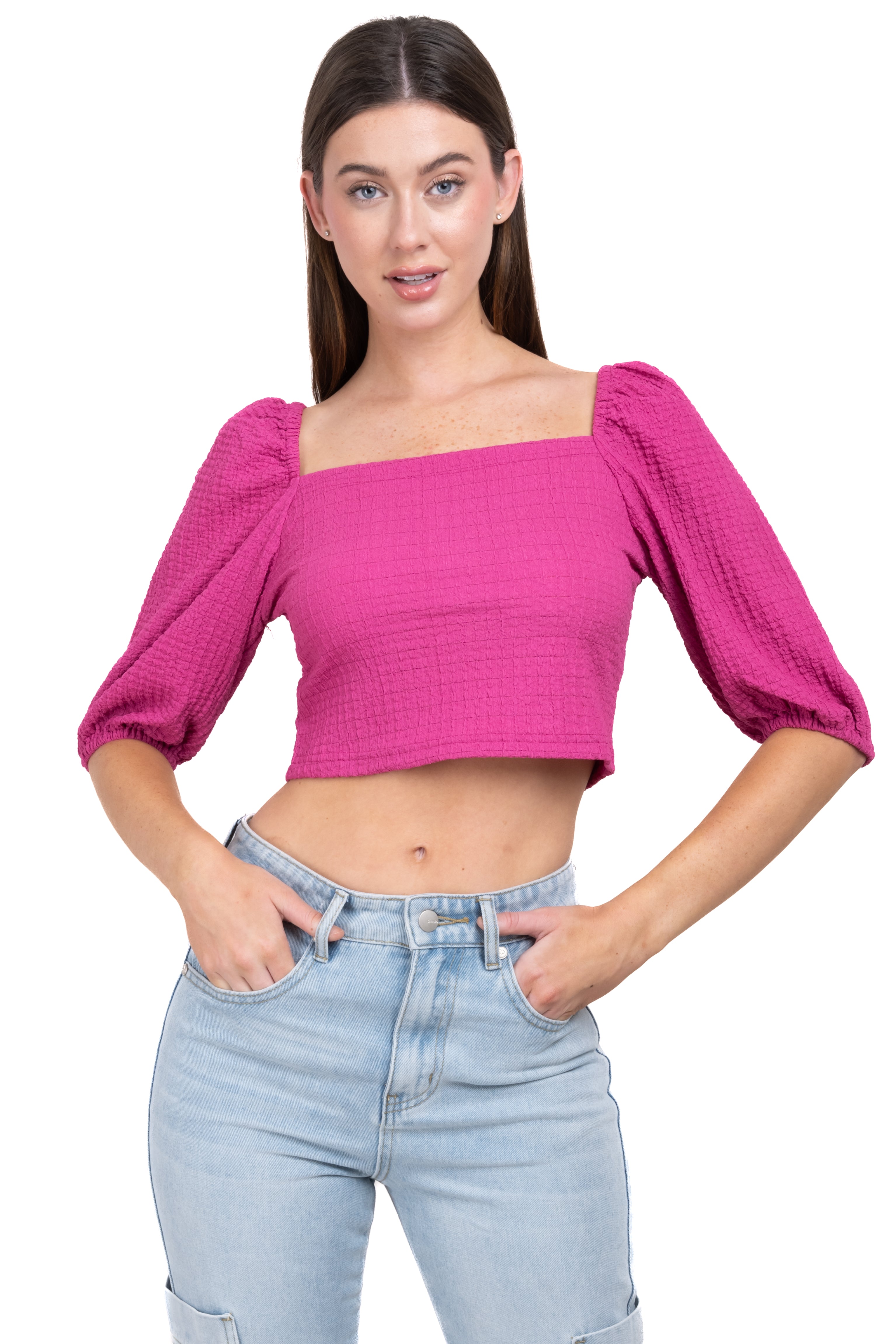 Top crop manga abullonada textura FIUSHA