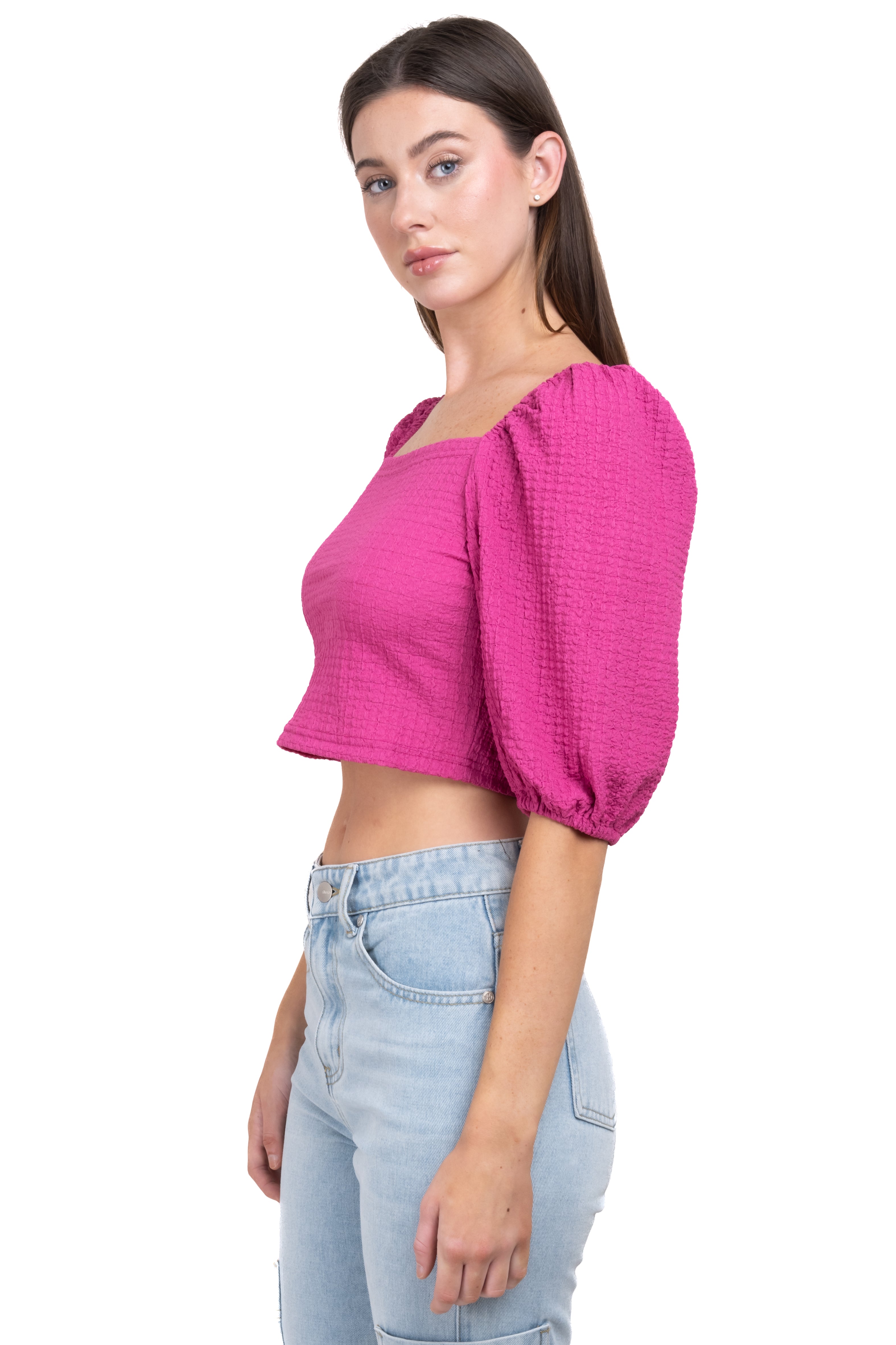 Top crop manga abullonada textura FIUSHA