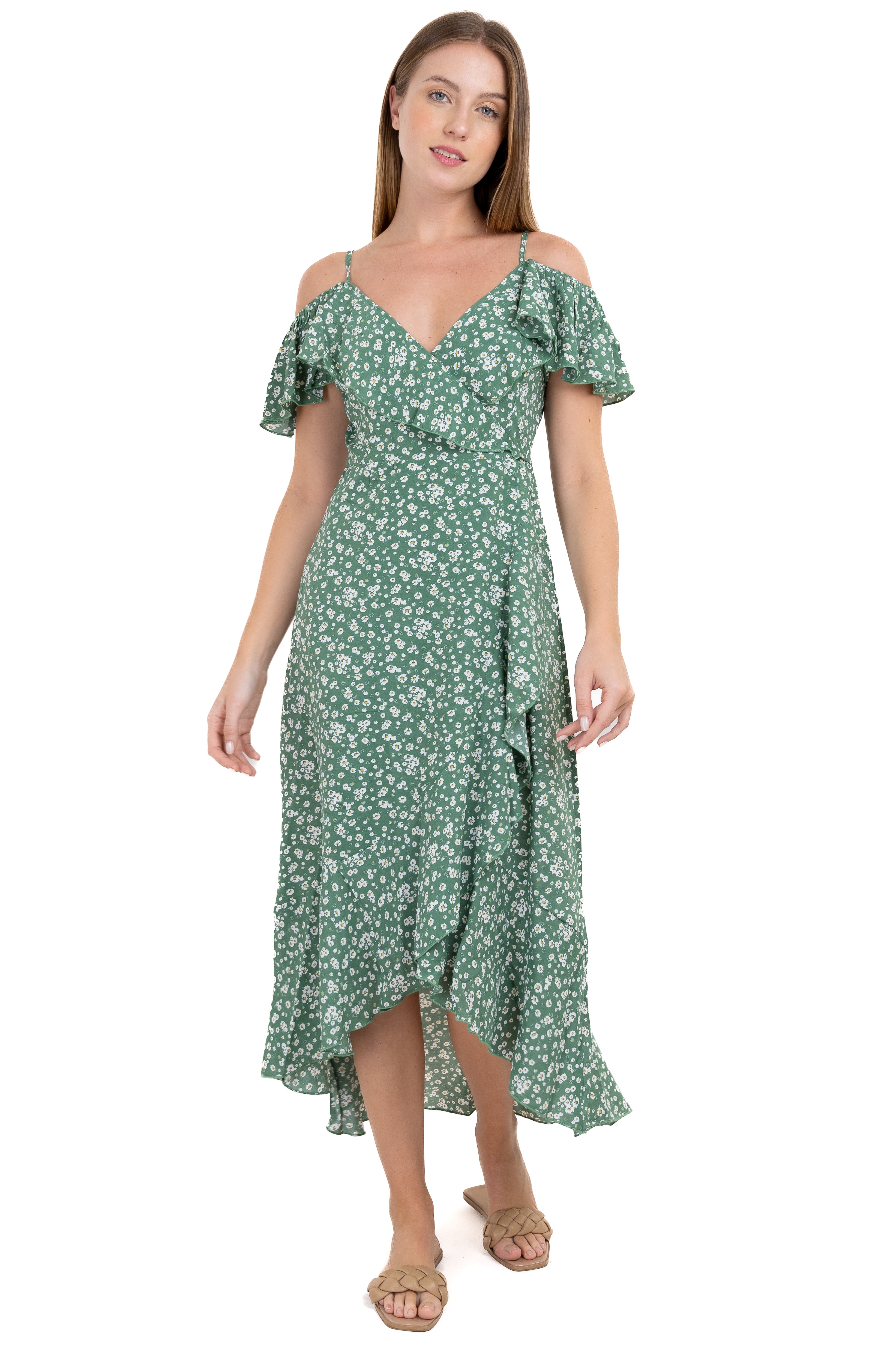 Vestido maxi tirantes olanes floral VERDE COMBO
