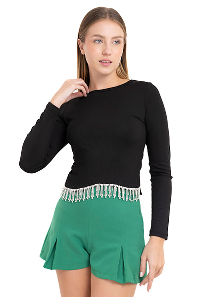 Top manga larga flecos brillos NEGRO