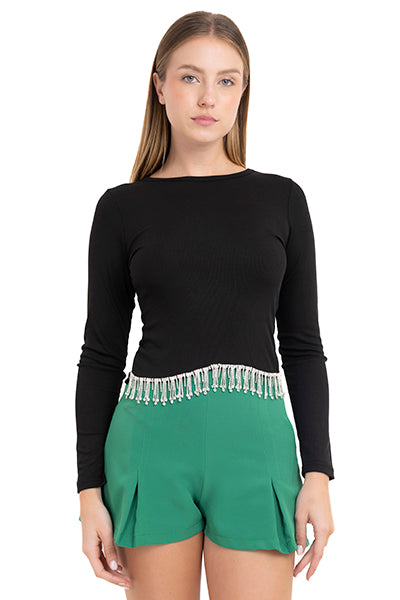 Top manga larga flecos brillos NEGRO