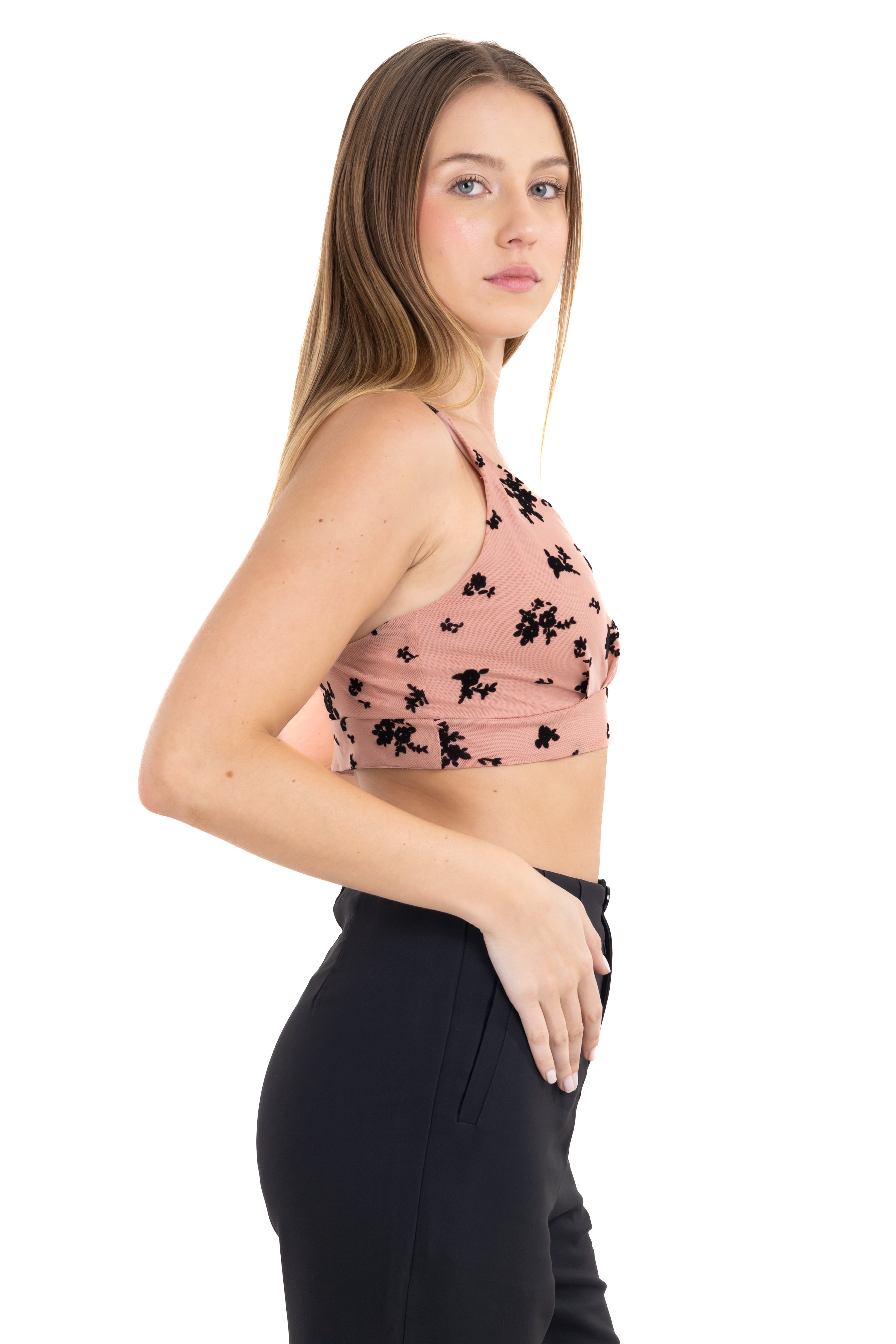 Top crop mesh flores flock PALO DE ROSA