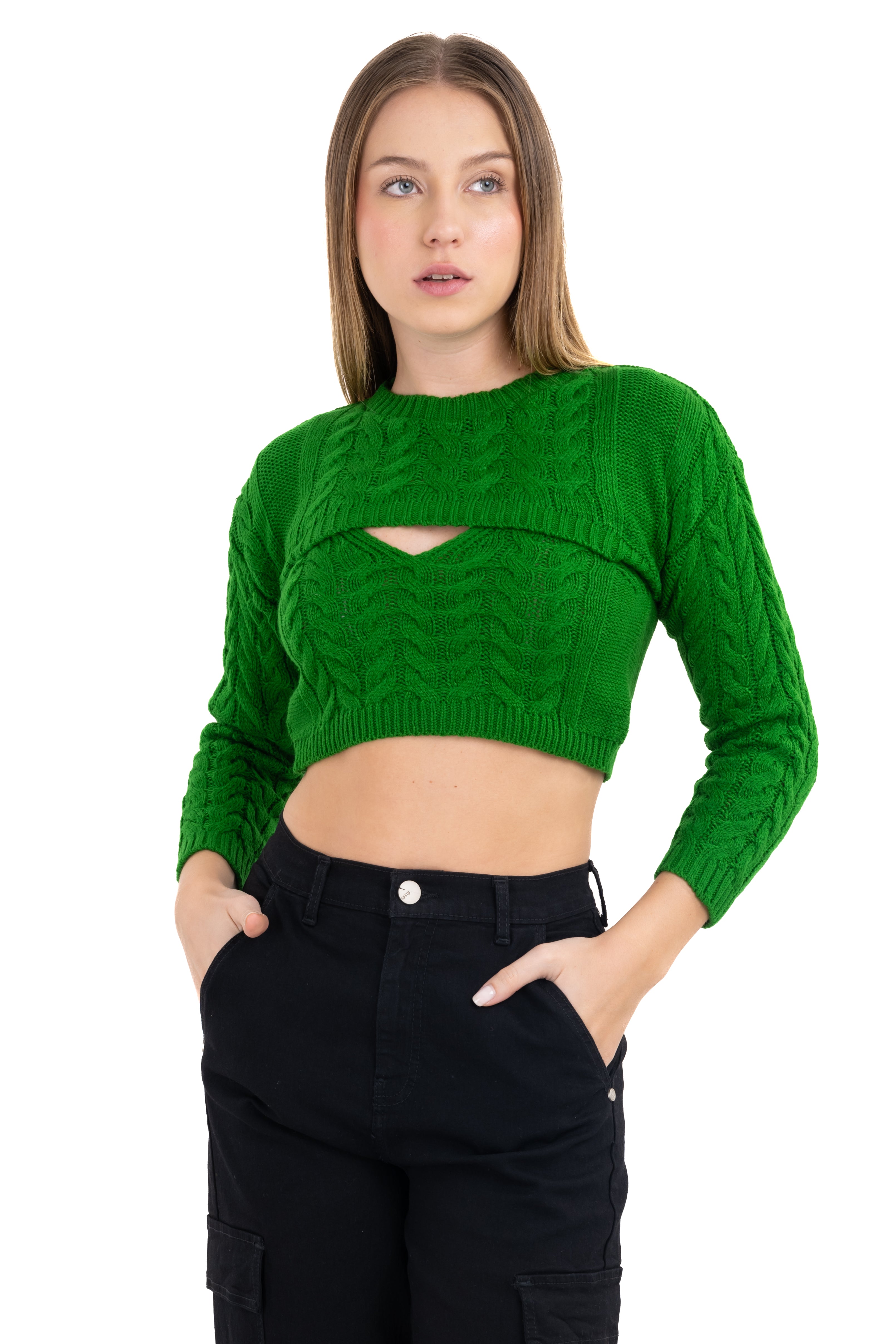 Set 2 piezas top mangas tejido VERDE BRILLANTE