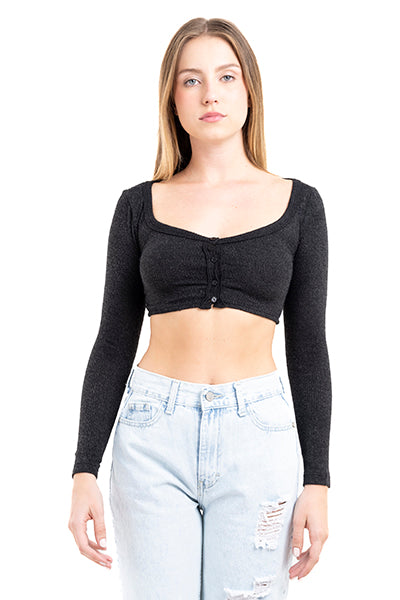 Top crop acanalado botones NEGRO