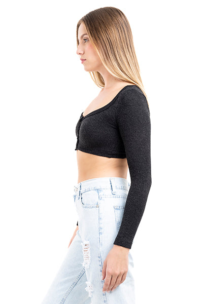 Top crop acanalado botones NEGRO