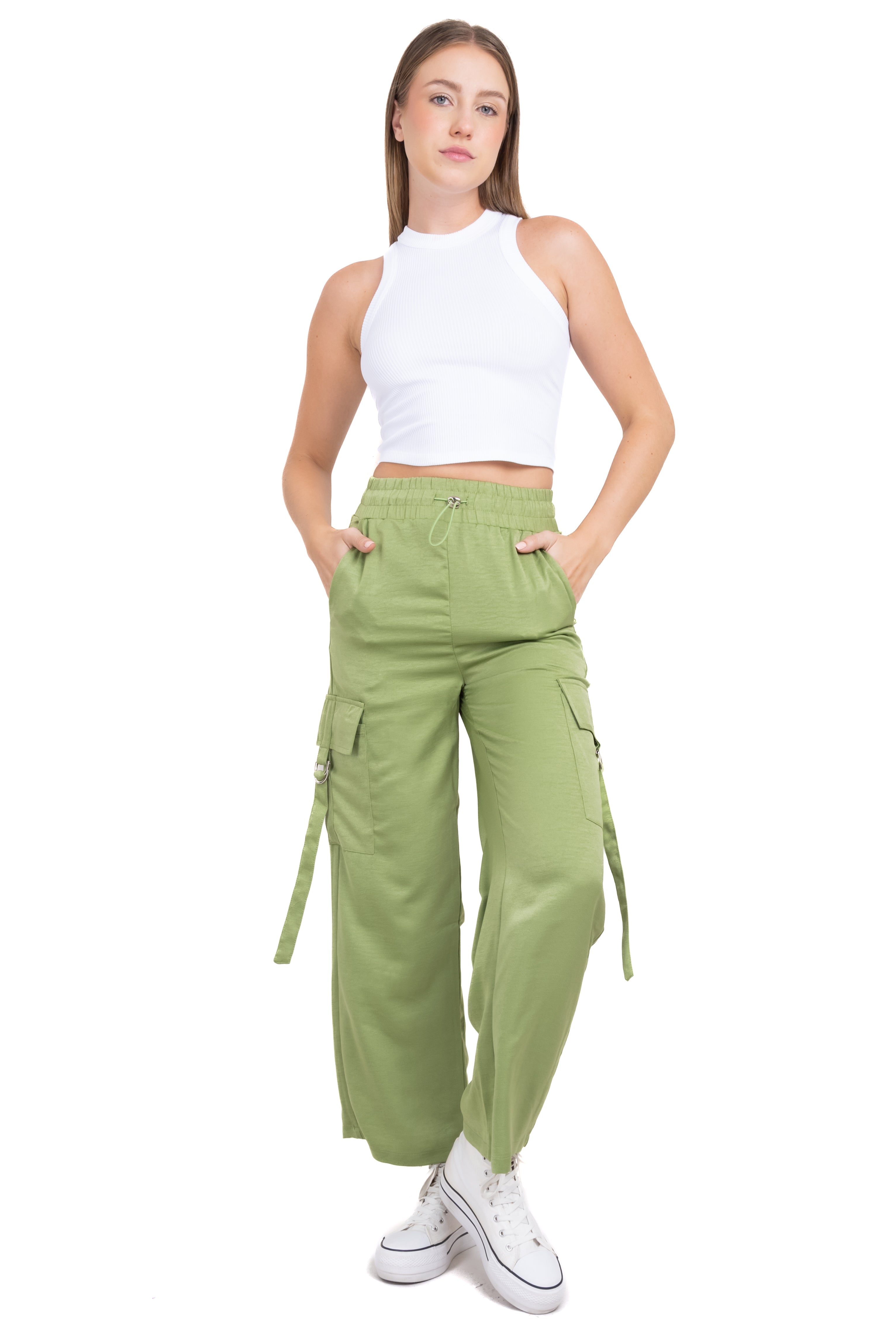 Pantalón cargo multi bolsas cinturones VERDE