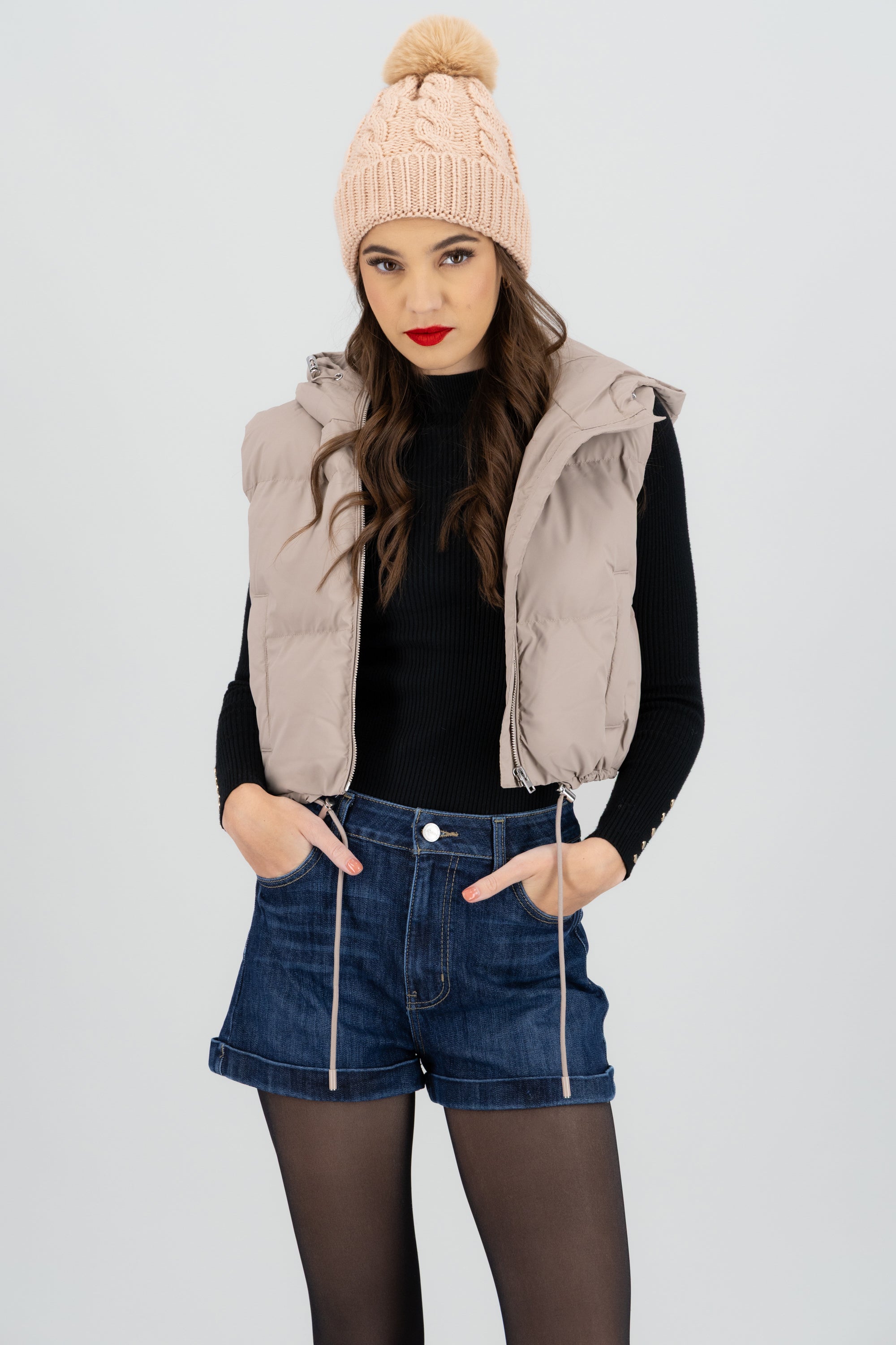 Gorro tejido trenzado pompón BEIGE