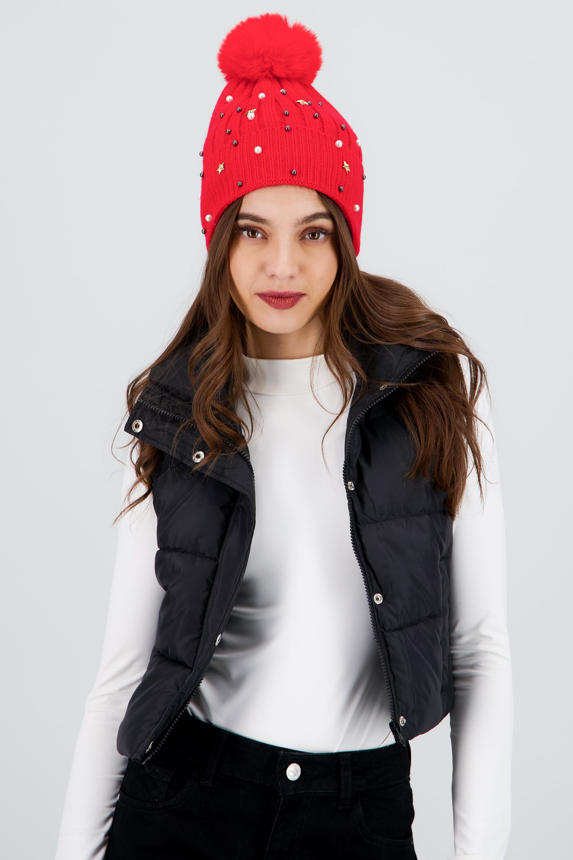 Beanie tejido brillos pompón ROJO