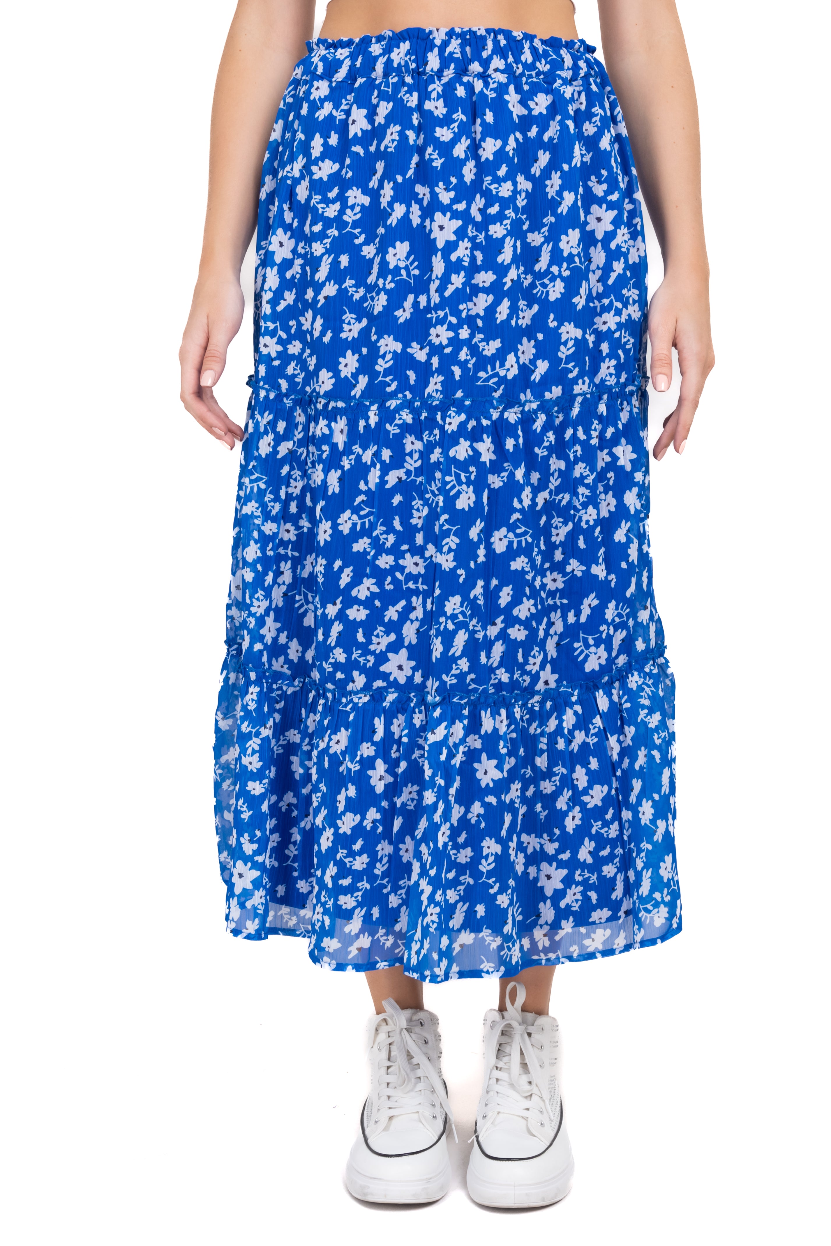 Falda midi cintura elástica flores AZUL COMBO