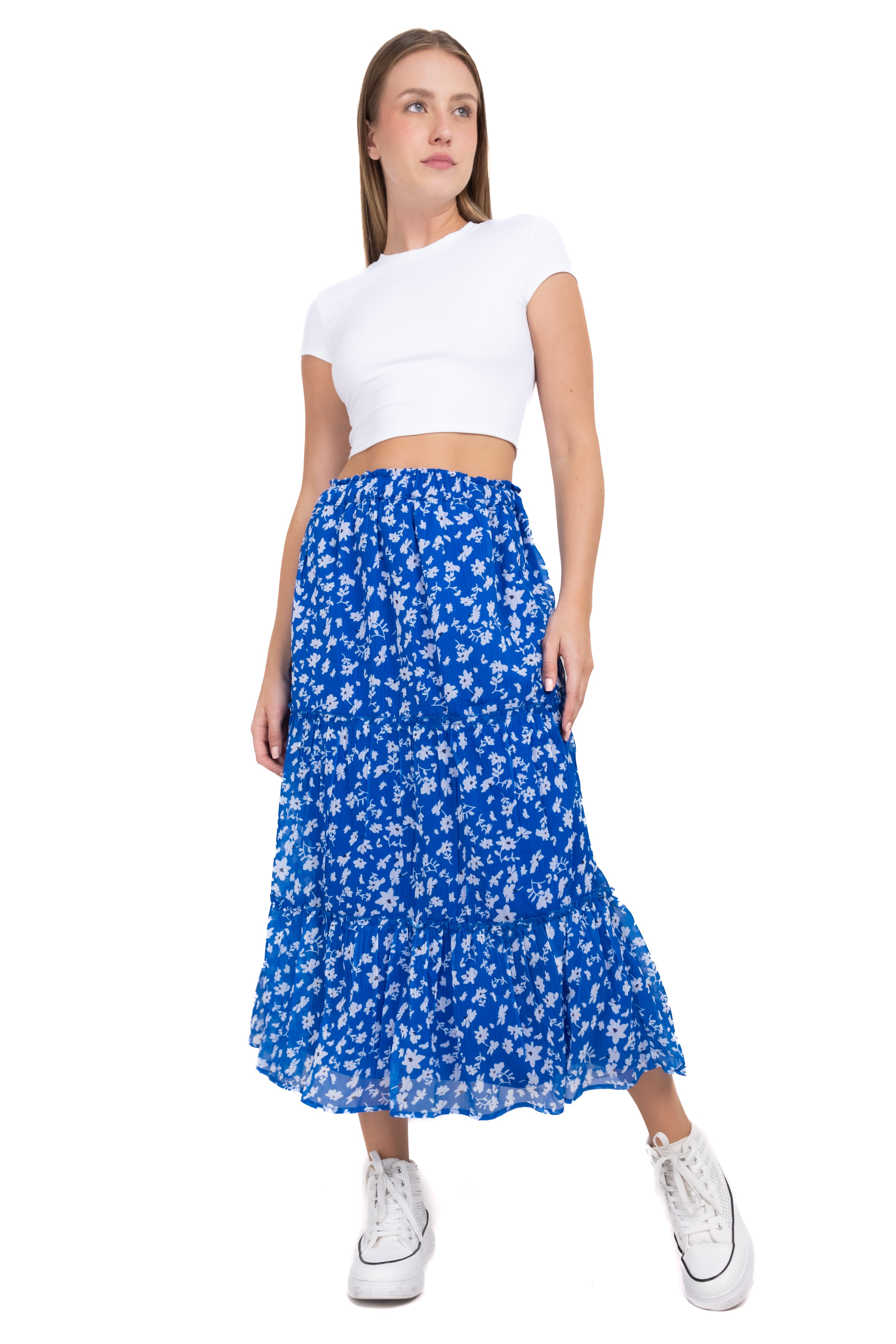 Falda midi cintura elástica flores AZUL COMBO