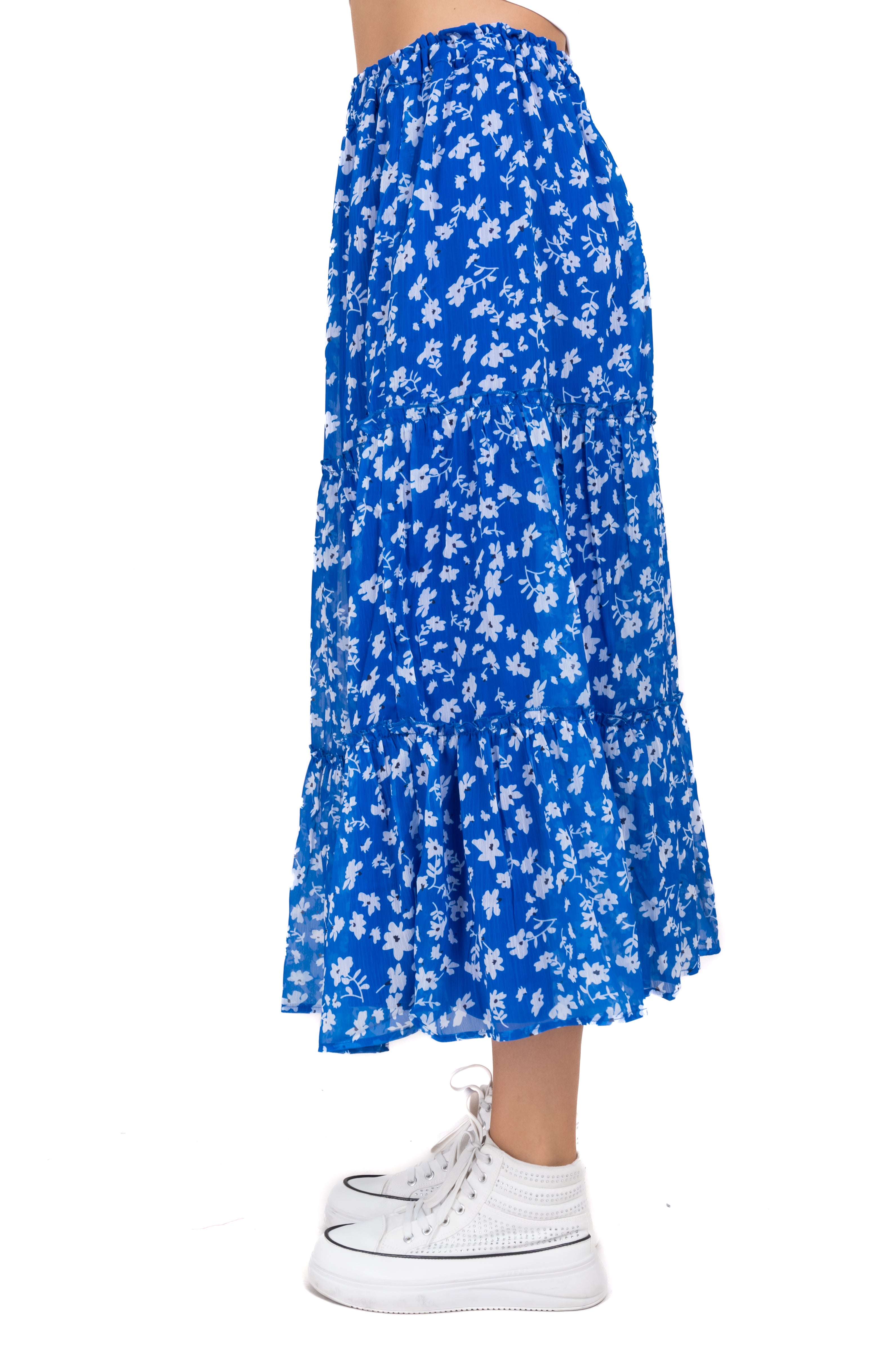 Falda midi cintura elástica flores AZUL COMBO