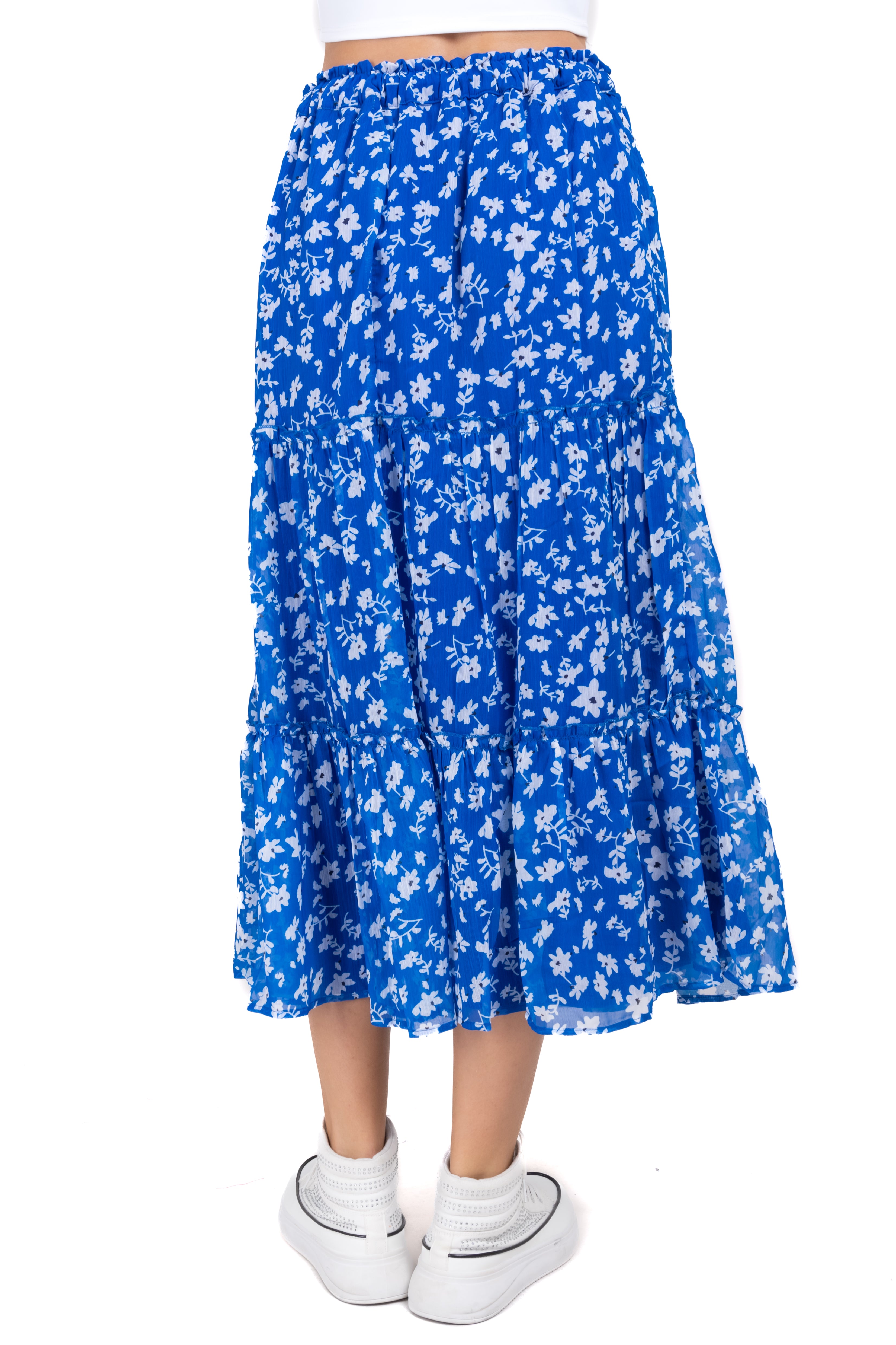 Falda midi cintura elástica flores AZUL COMBO