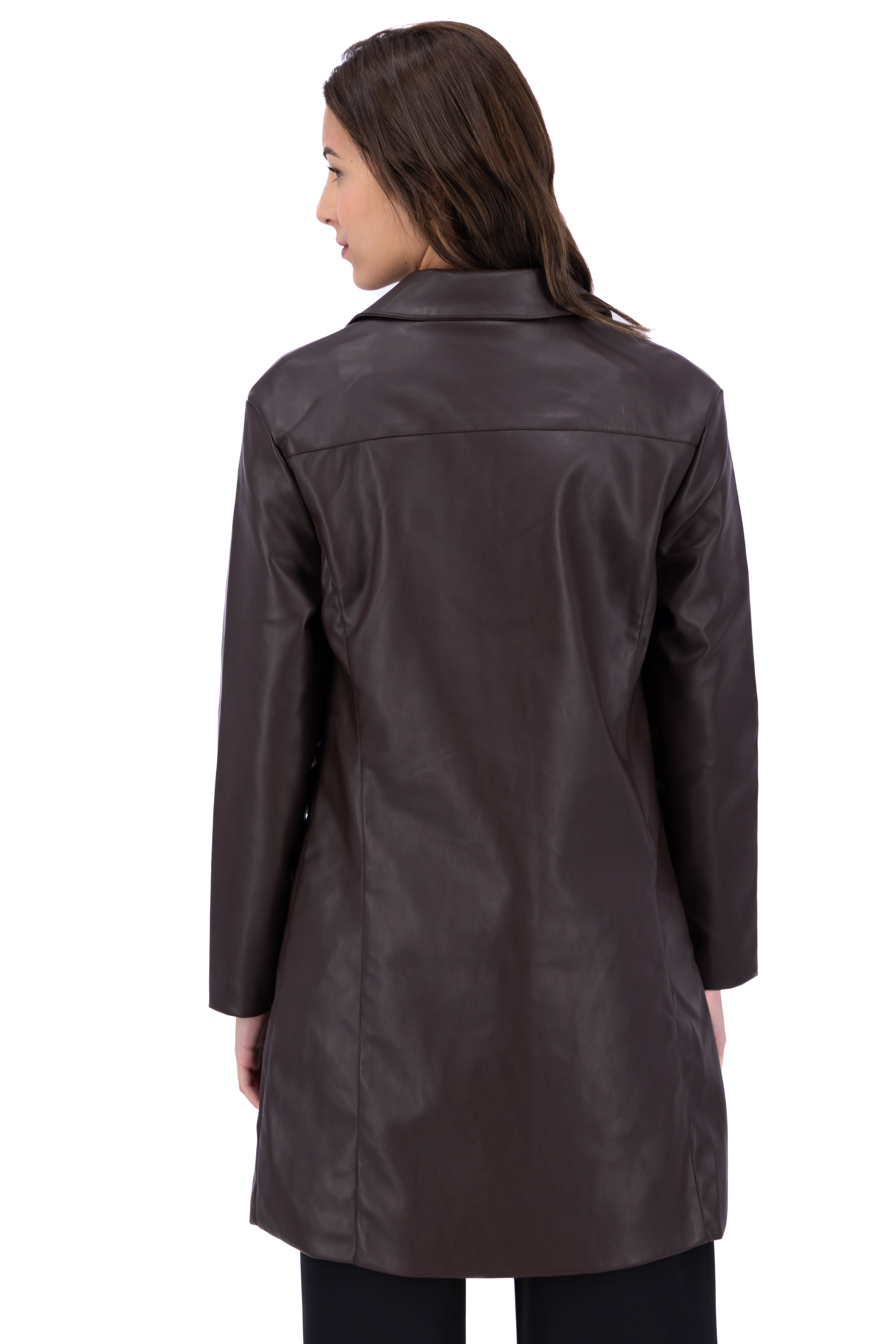 Abrigo midi efecto piel bolsos maxi CHOCOLATE