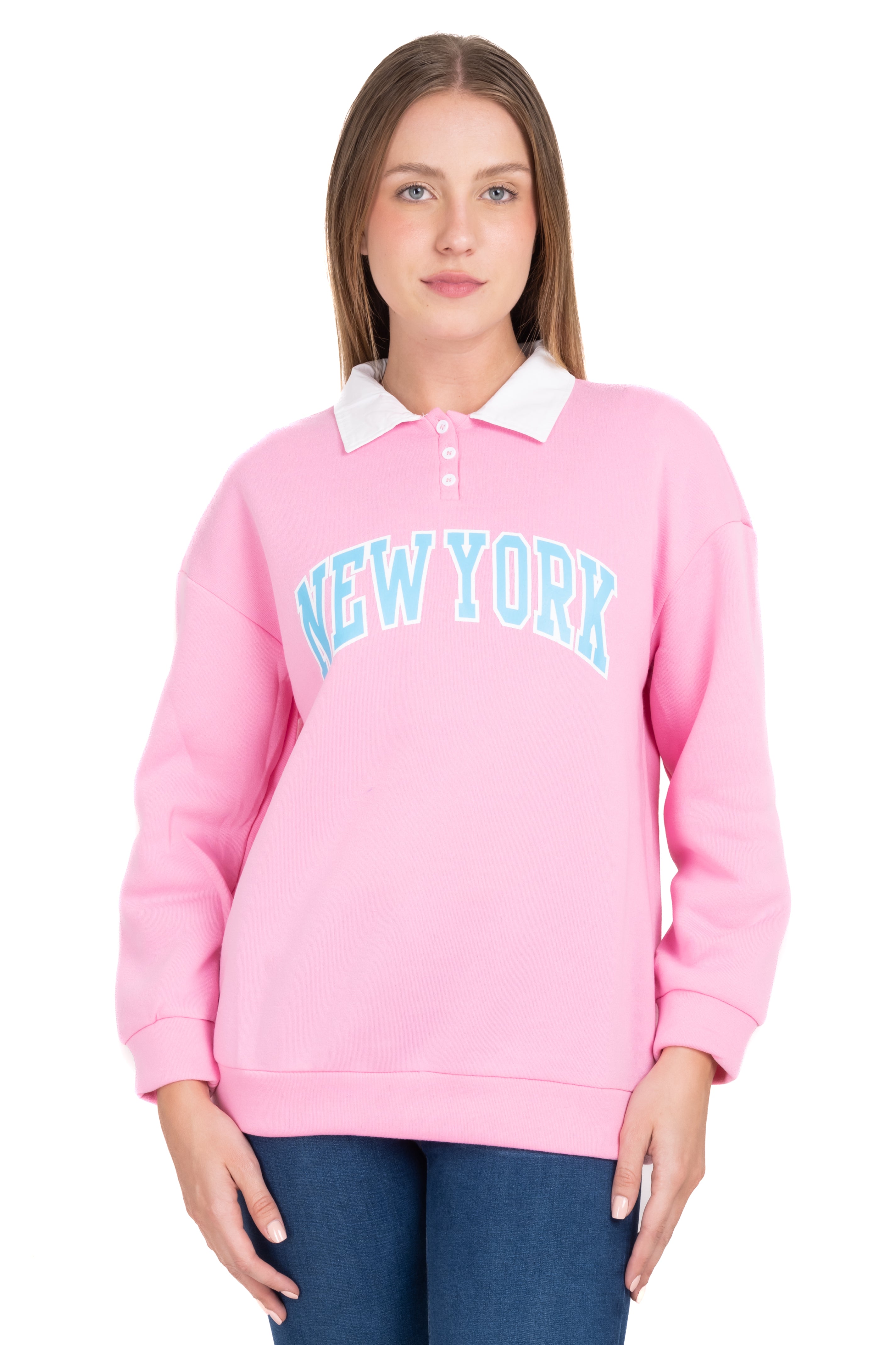 Sudadera cuello polo New York ROSA