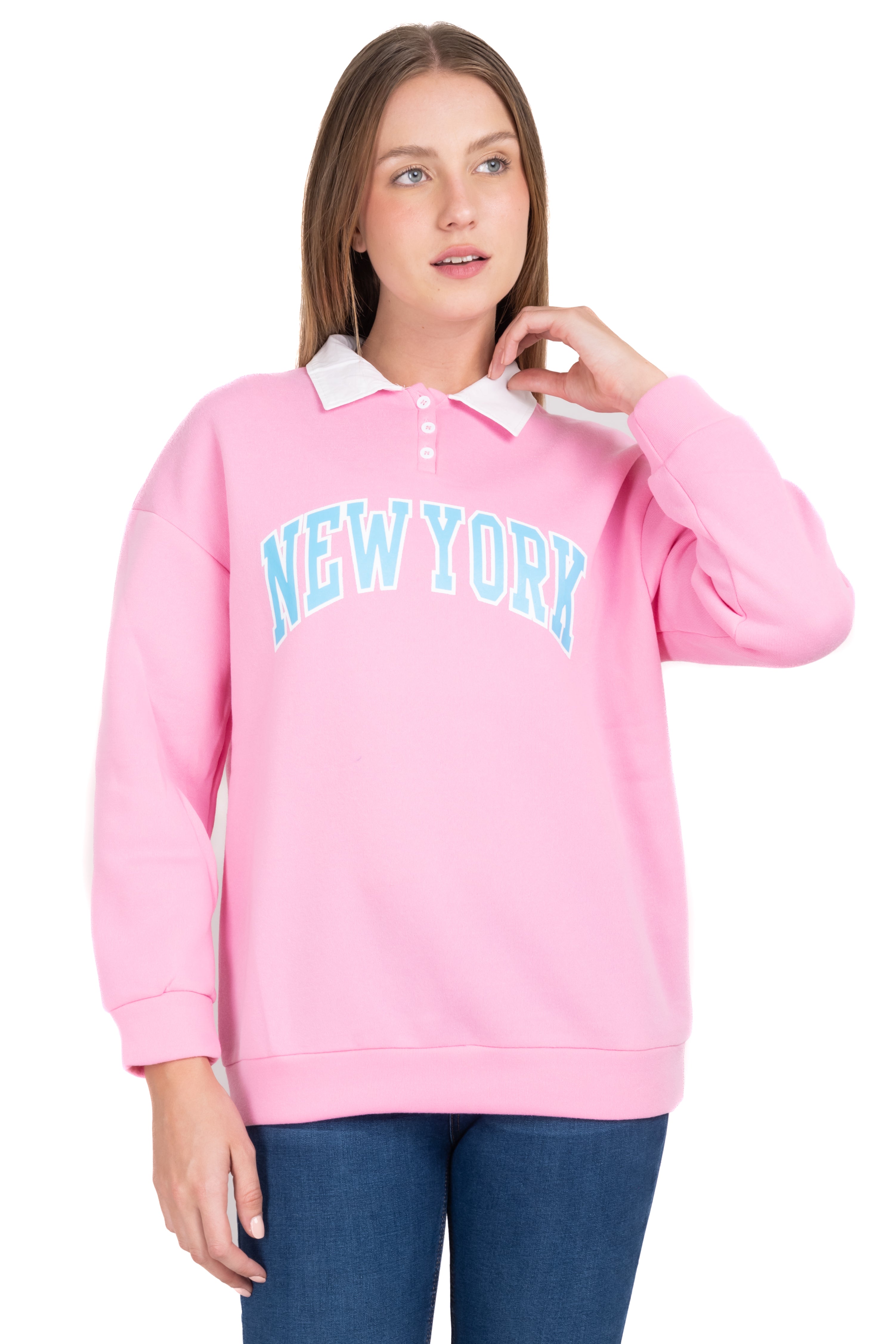 Sudadera cuello polo New York ROSA