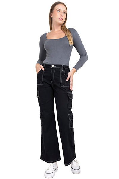 Jeans cargo costuras contraste NEGRO