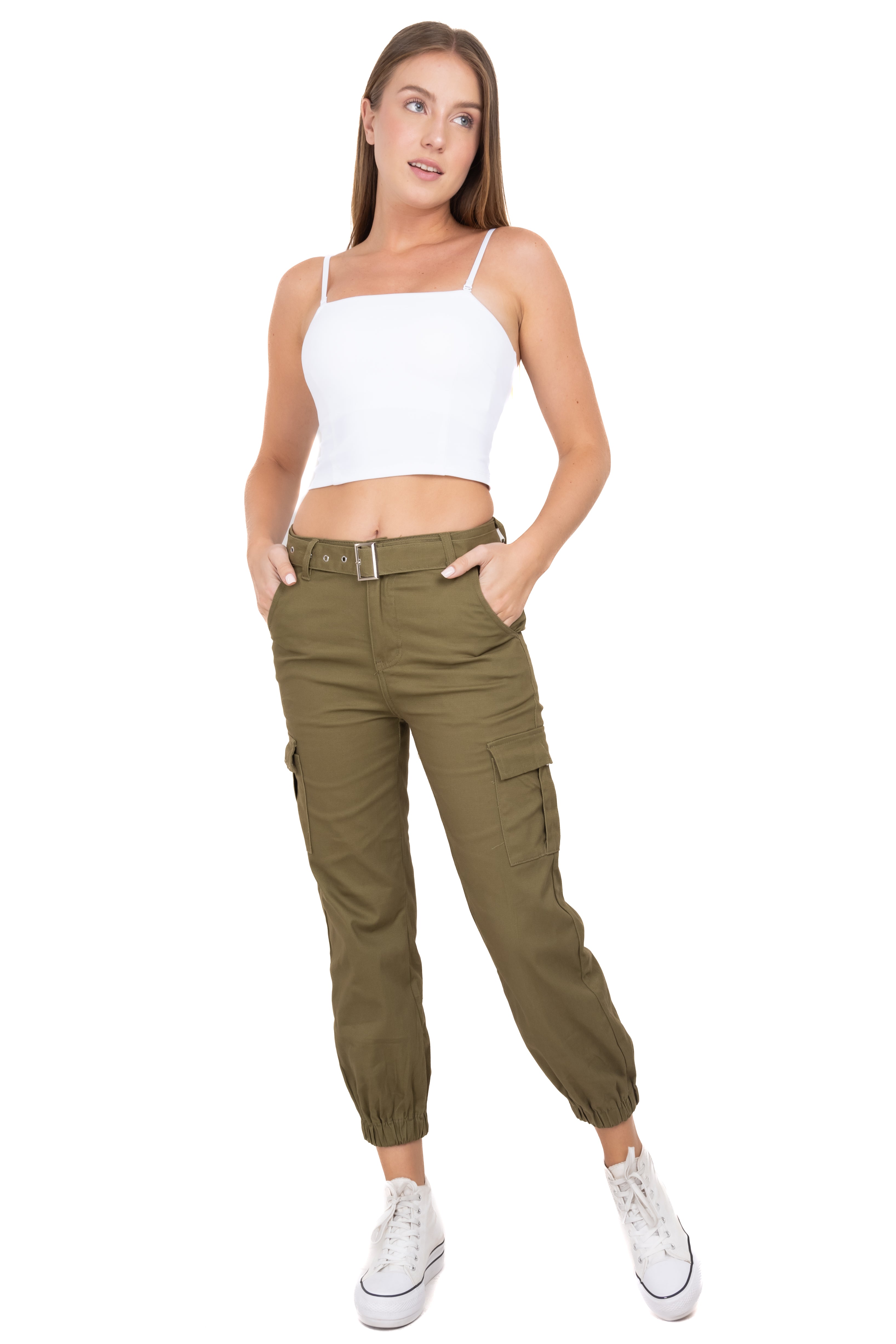 Jeans jogger bolsos cinturón OLIVO