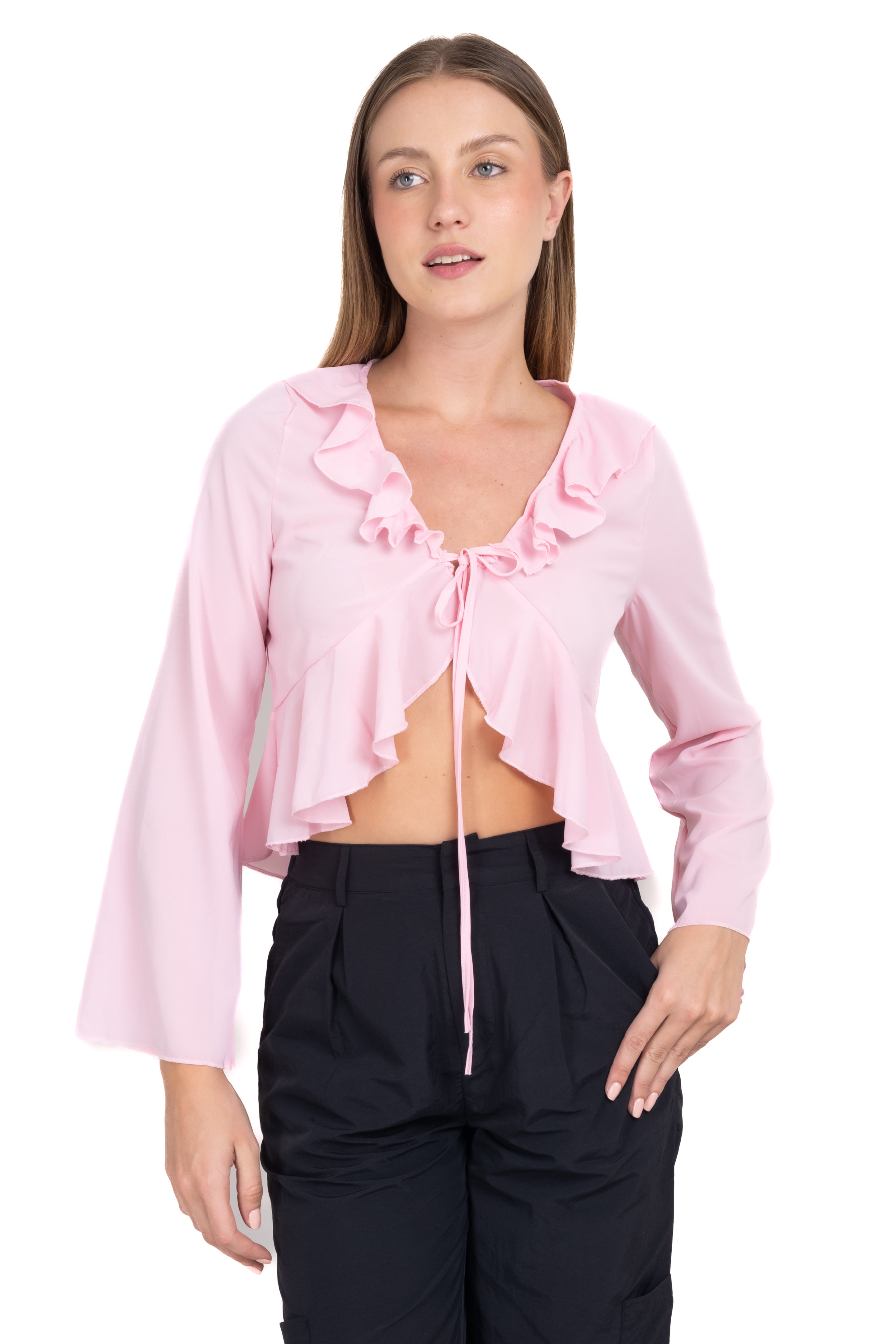 Blusa abierta olán cintas ROSA