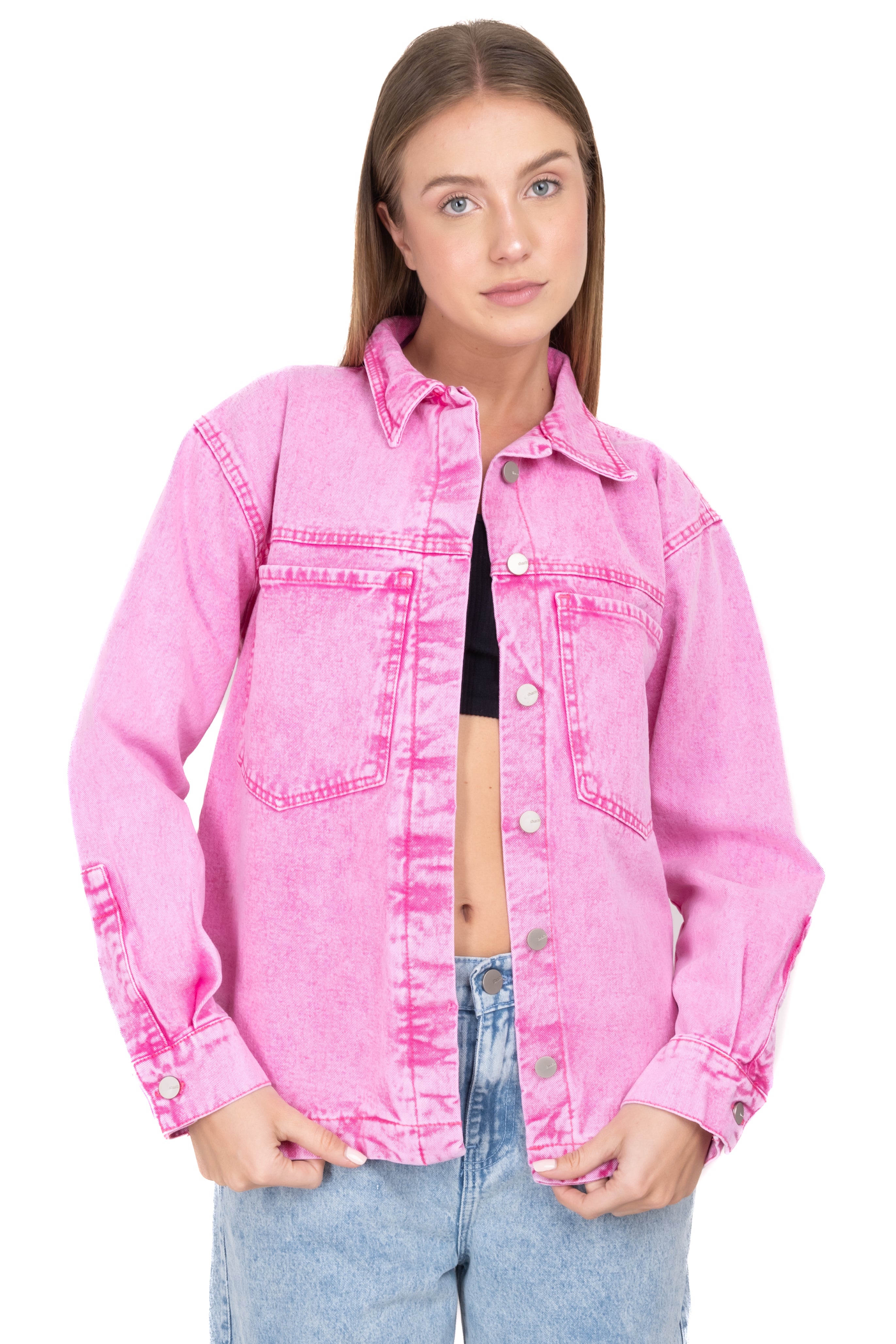Chamarra denim oversize bolsillos ROSA BRILLANTE