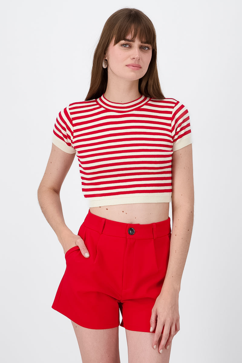 Top acanalado cuello redondo rayas ROJO