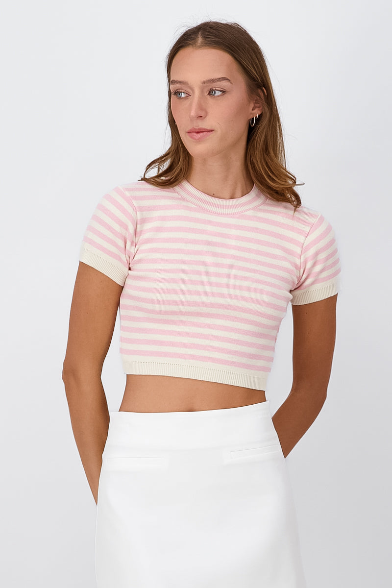 Top acanalado cuello redondo rayas ROSA PASTEL