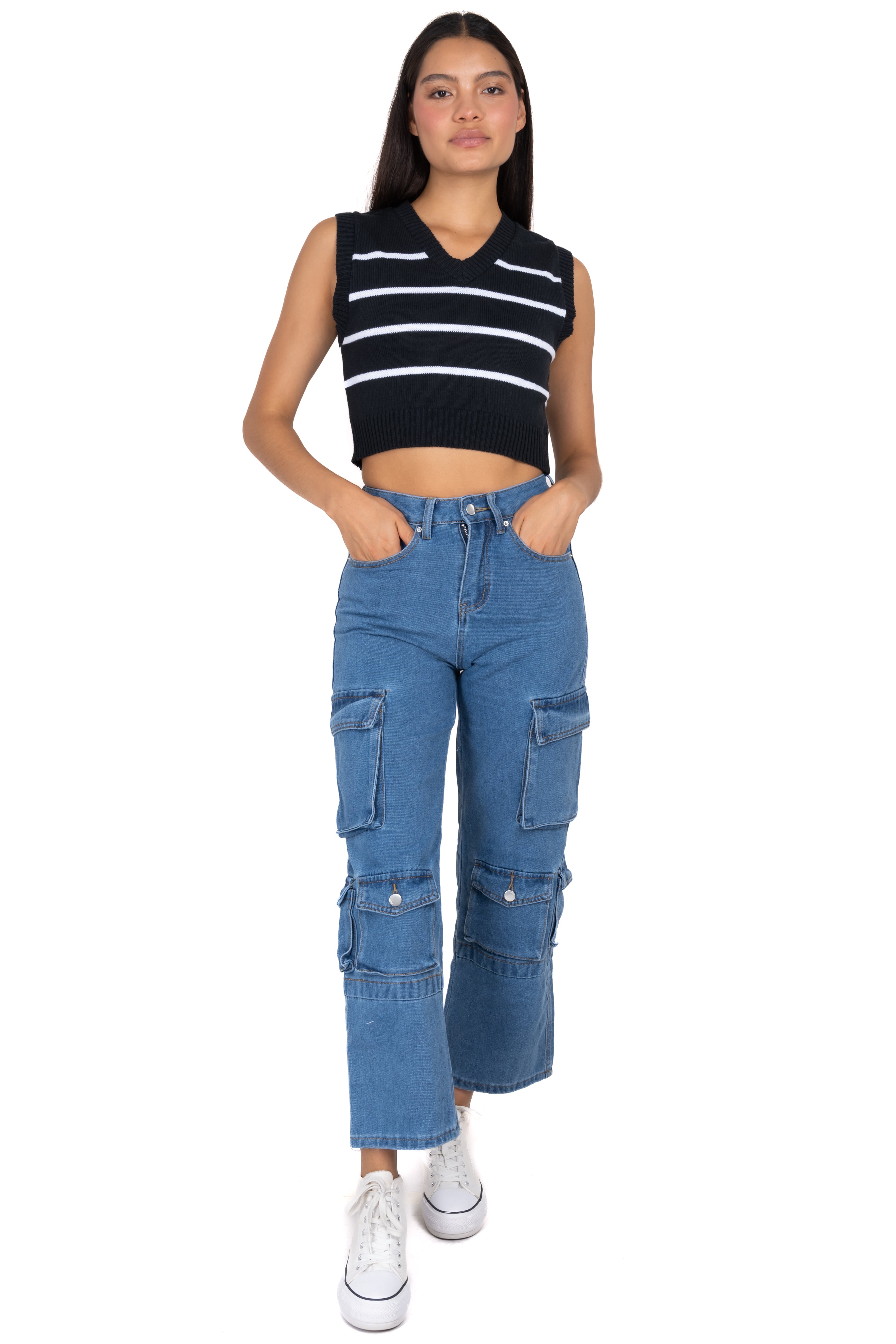 Jeans rectos cargo lisos MEDIUM WASH