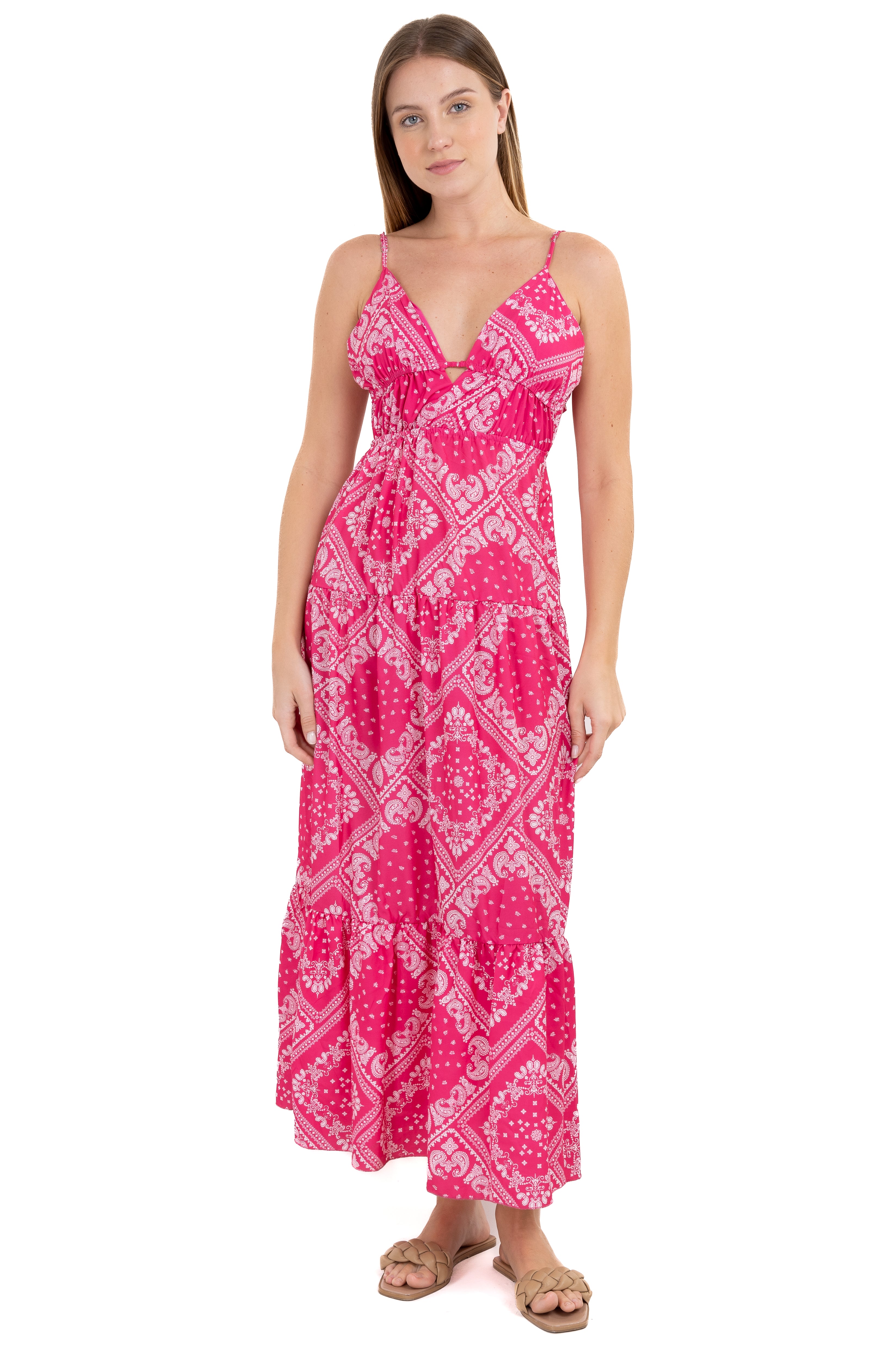 Vestido maxi cintura fruncida ROSA COMBO