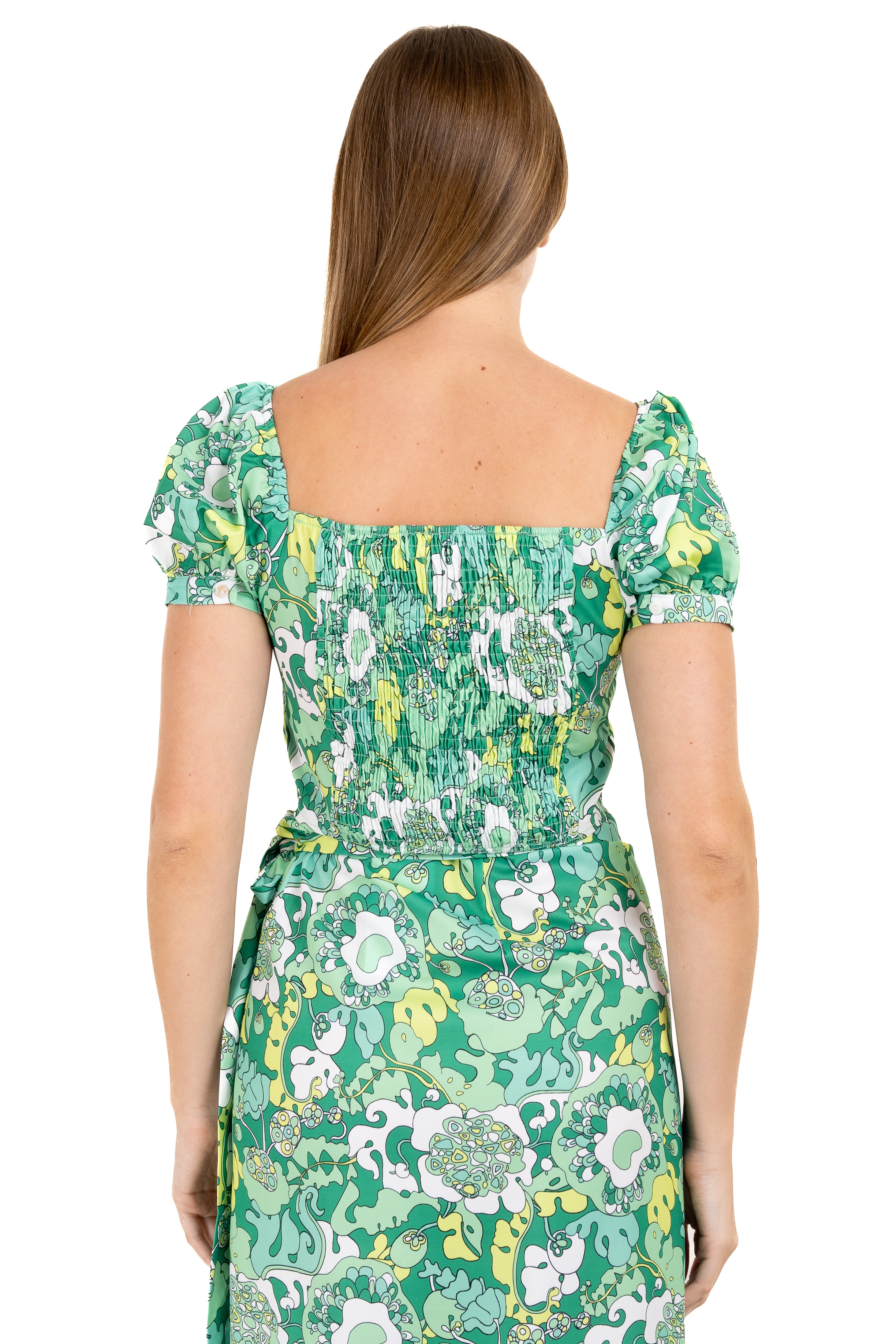 Top manga abullonada flores retro VERDE COMBO