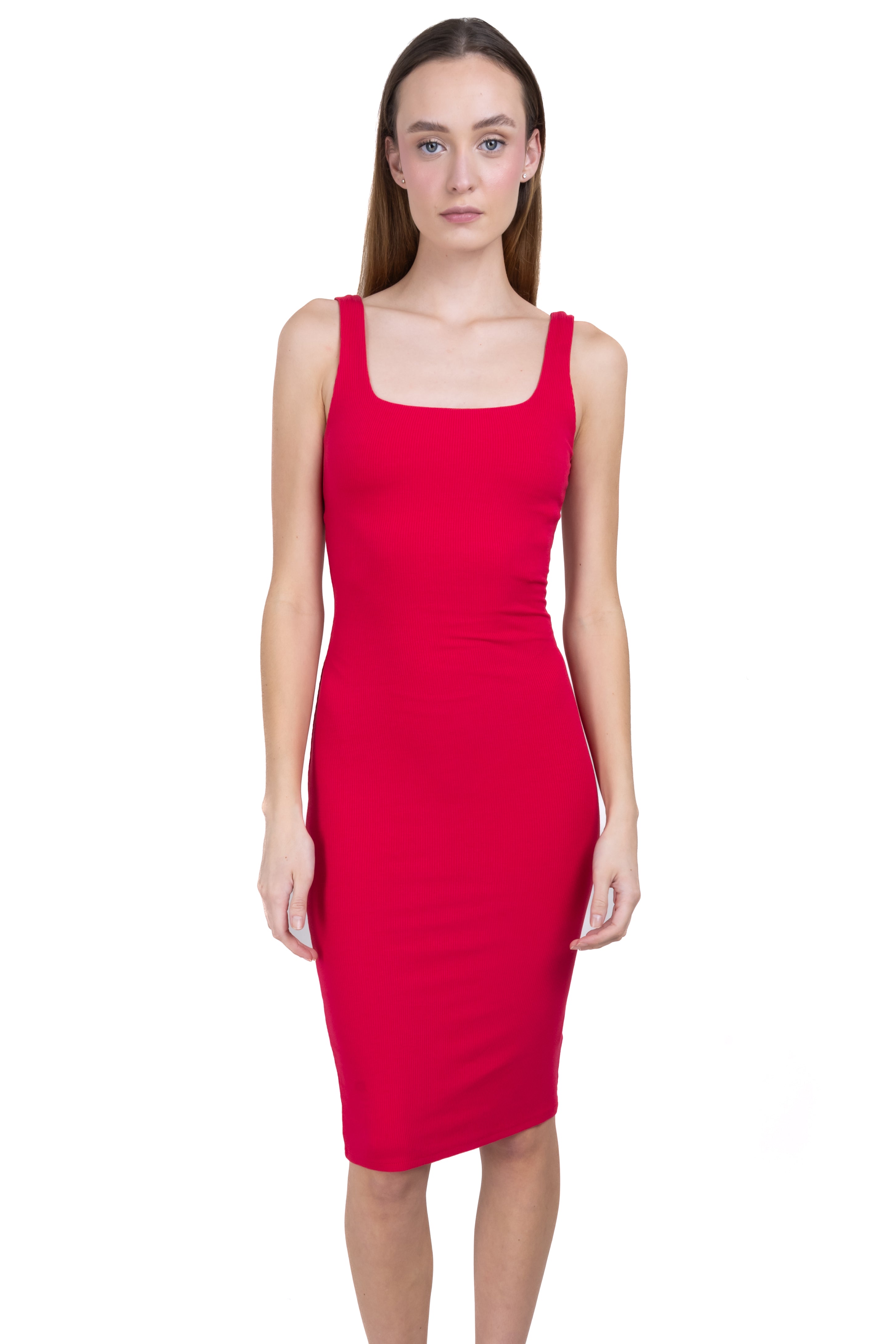 Vestido midi bodycon acanalado liso ROJO