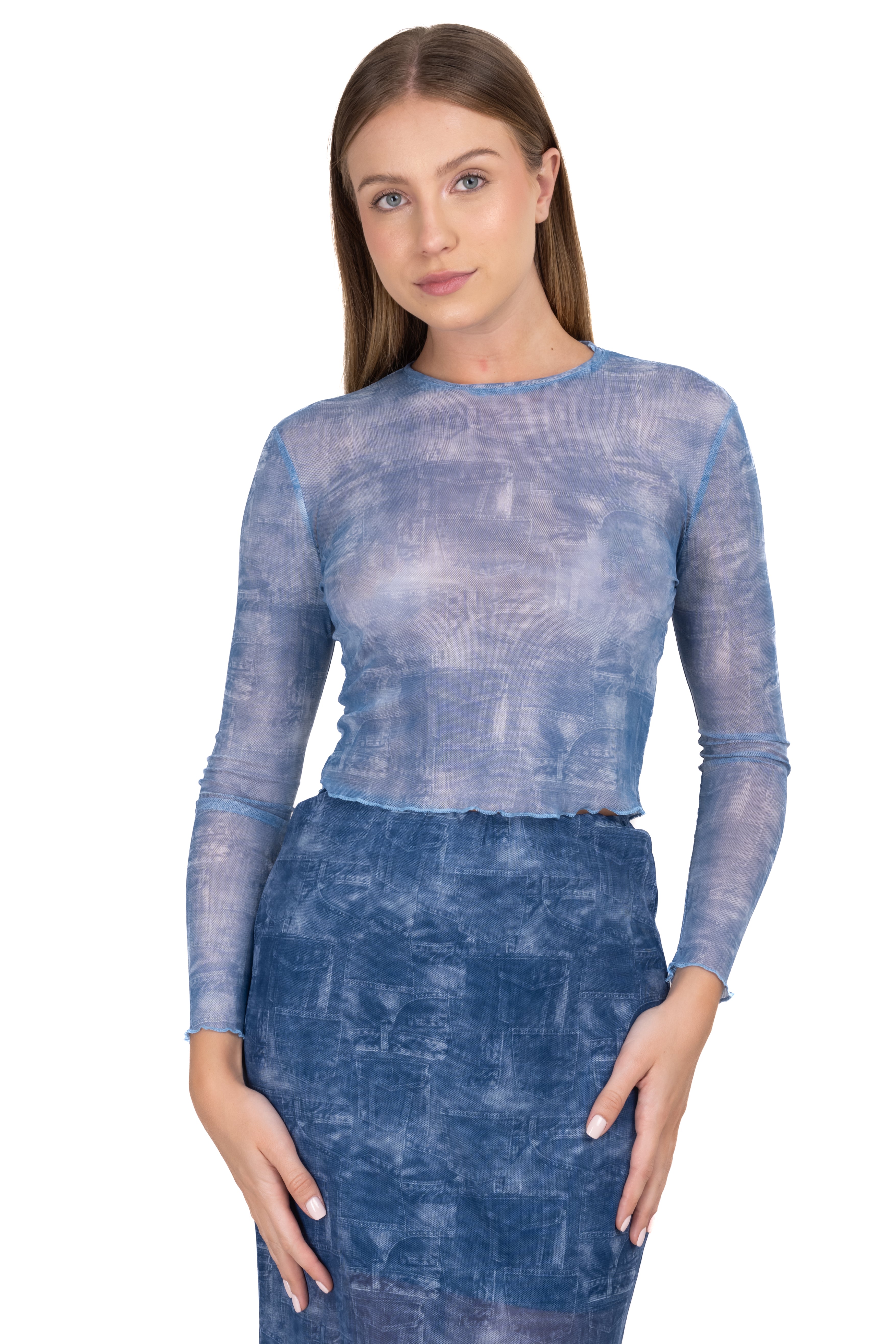 Top mesh estampado denim AZUL