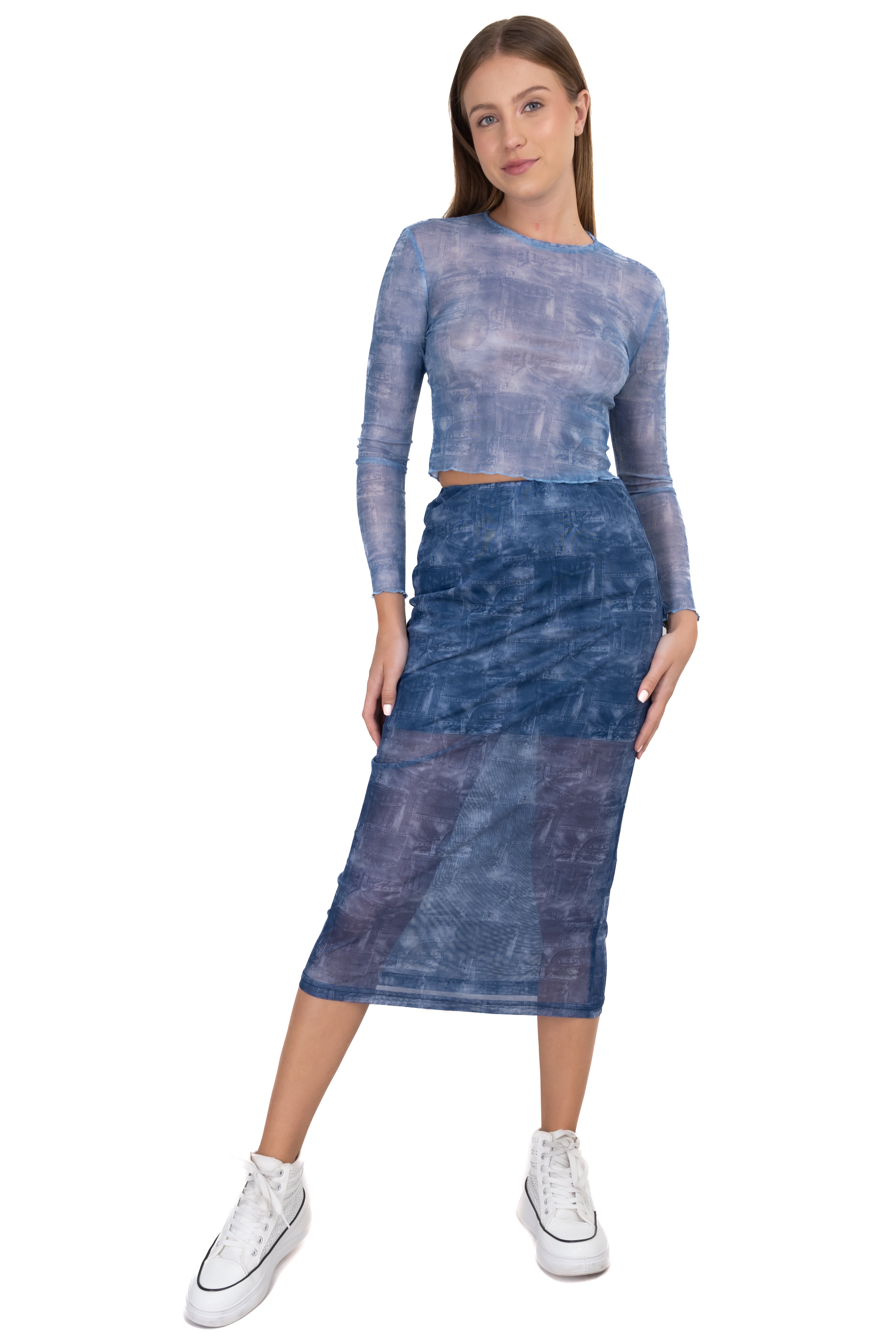 Falda midi mesh denim