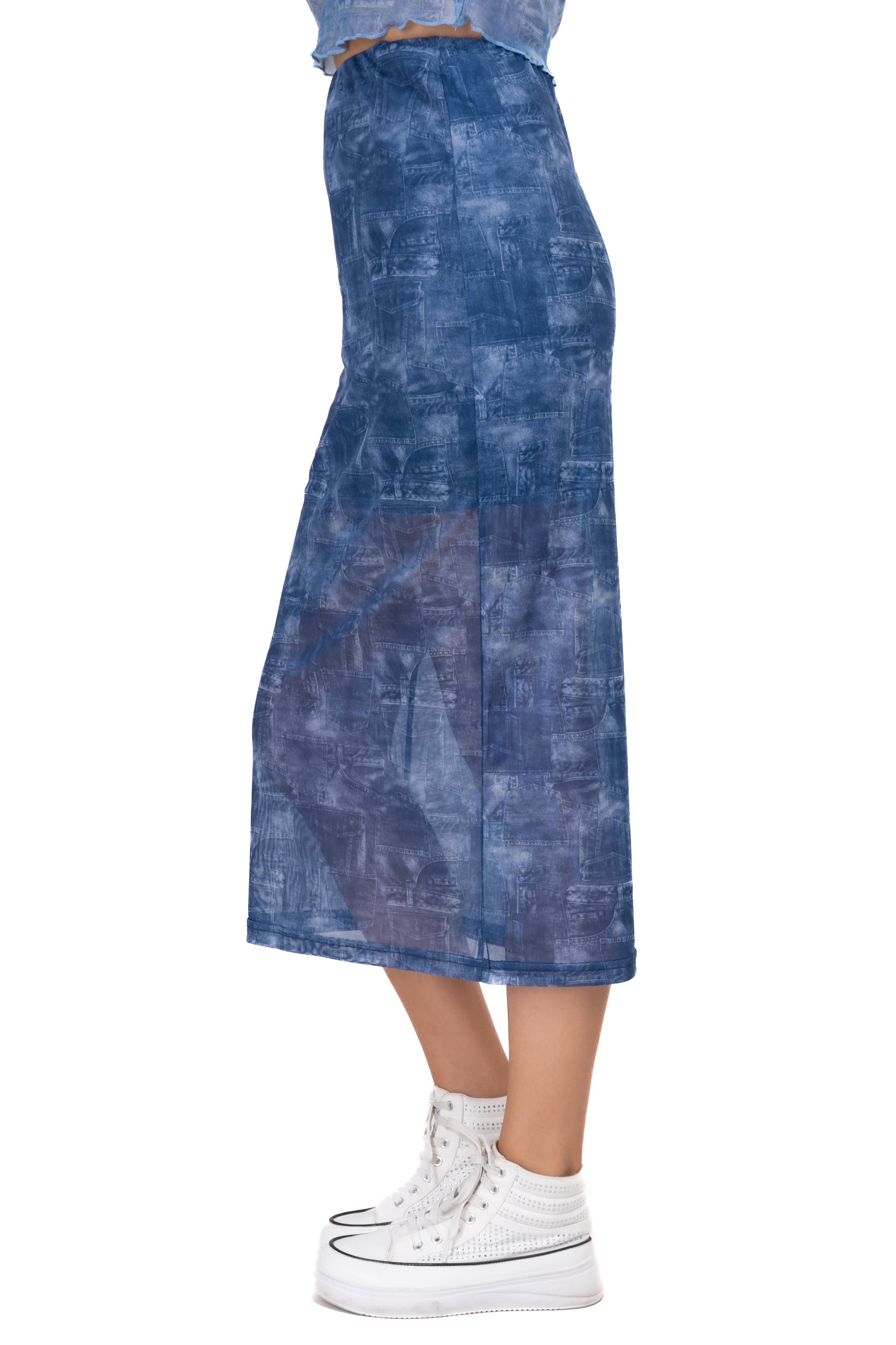 Falda midi mesh denim